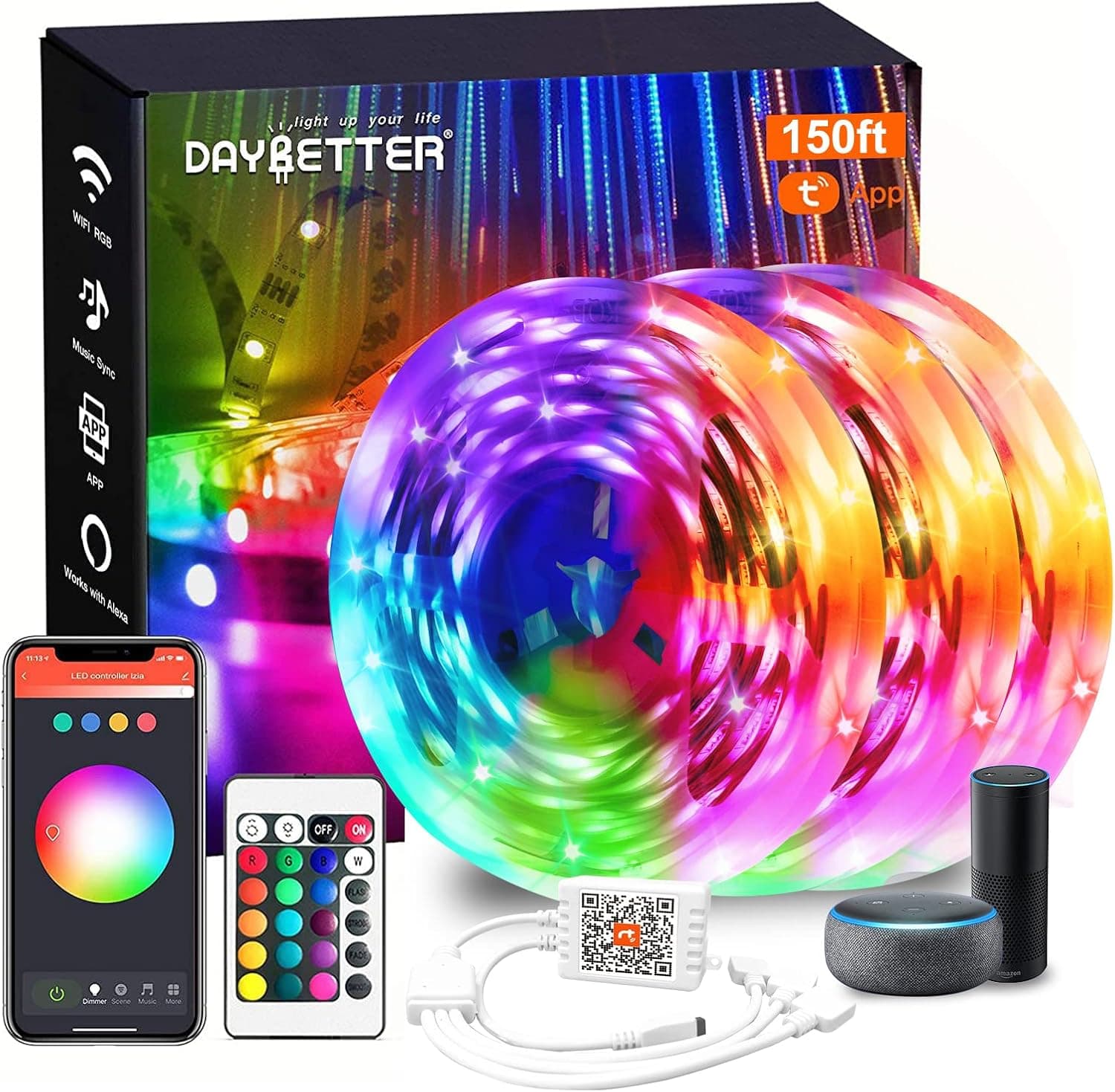 DAYBETTER Tira de luces LED WiFi inteligente de 150 pies (3 x 50 pies), cambio de color RGB, control de voz de Google Alexa, sincronización de música, control remoto de aplicación, decoración interior del hogar para dormitorio, sala de juegos, fiesta | Tuya App controlada con horario. Funciona con Alexa y Google. Sincronización de música, cambio de color RGB para dormitorio, cocina, fiesta.