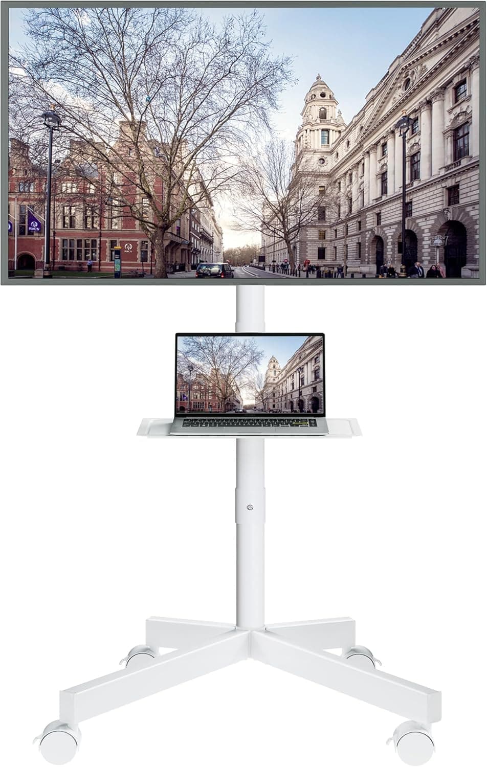 BONTEC Soporte rodante para TV con inclinación, ruedas para soporte de TV móvil para televisores de 23 a 65 pulgadas | Carro para TV portátil con estante ajustable para sala de estar, dormitorio, soporte para TV para exteriores con capacidad para 88 libras, VESA máx. 400x400 mm, blanco