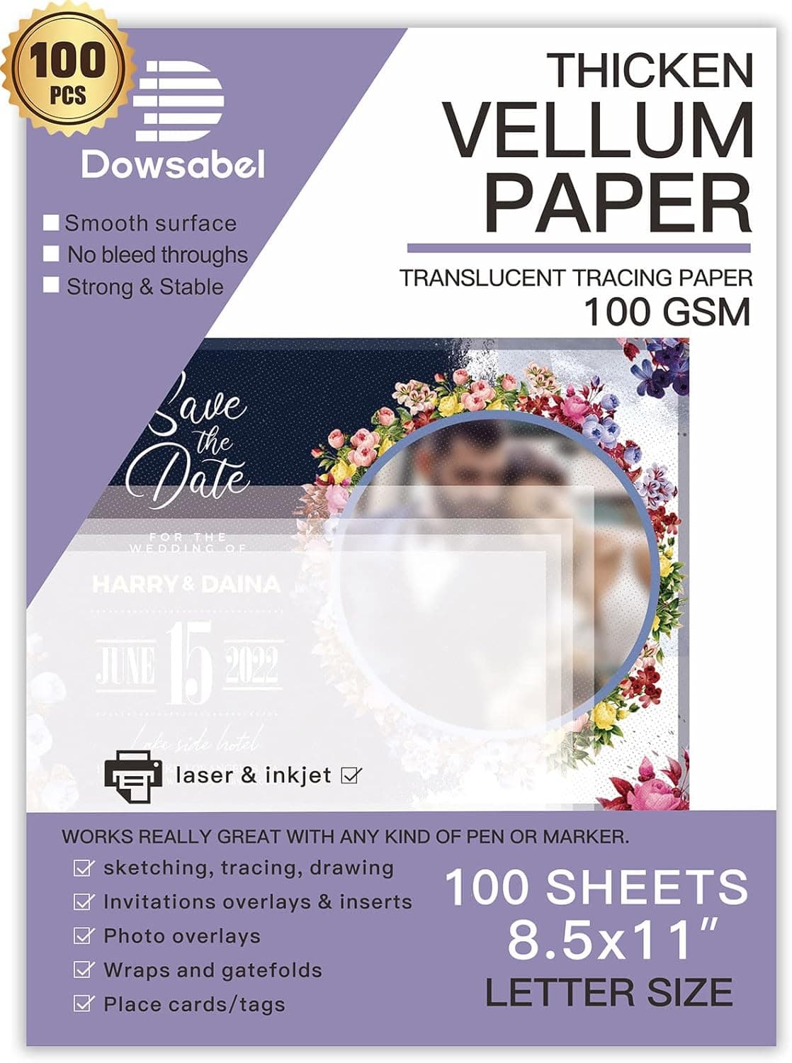 Translucent Vellum Paper, Dowsabel 68LBS 8.5 x 11 inches Printable Vellums for Card Overlays, Invitations Belly Bands, Envelope, Lantern,50 Sheets