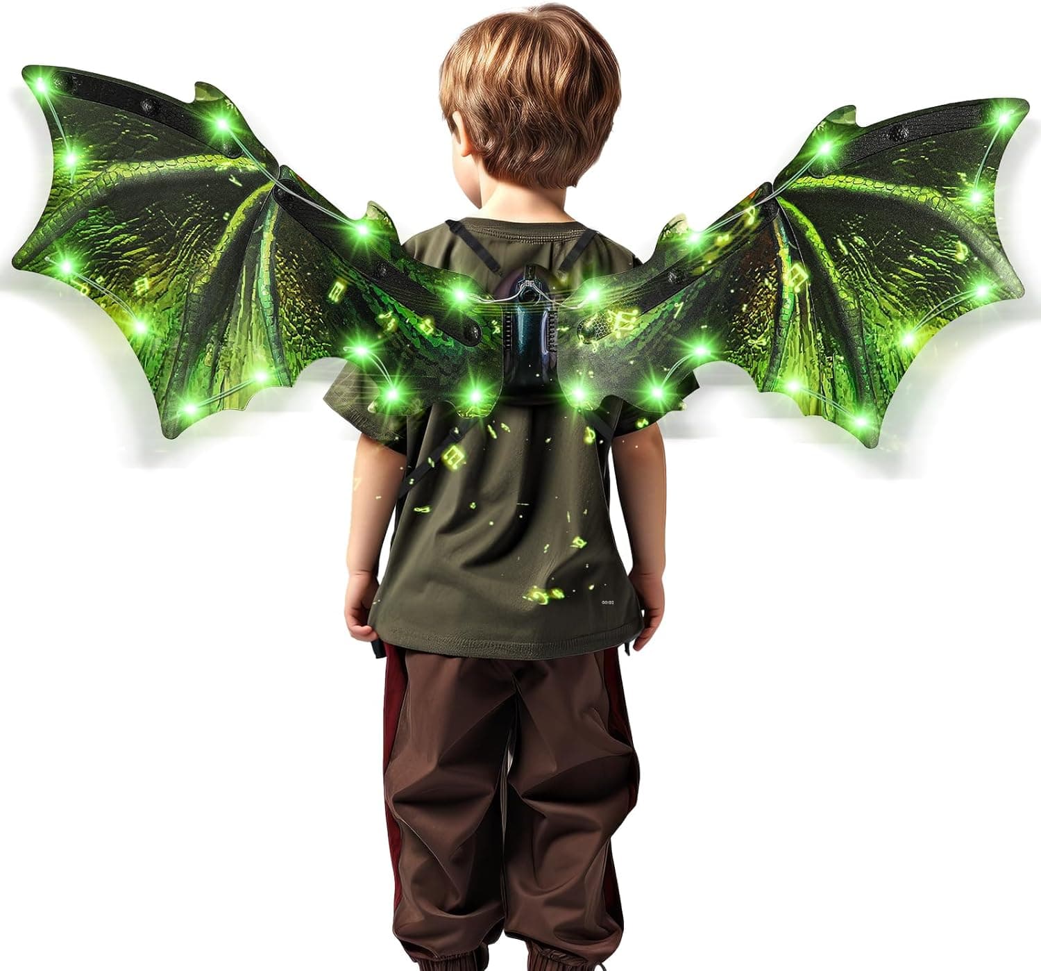 maysida Alas de dragón eléctricas, alas de disfraz de dinosaurio para niños con luz LED y música, disfraces de dinosaurios de Halloween para niños y niñas, juguetes de dinosaurios verdes para niños como regalos de fiesta de cumpleaños de Navidad
