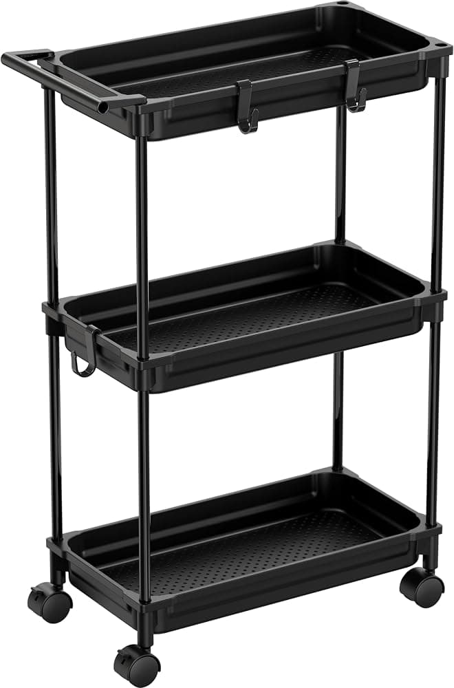 Carro de almacenamiento rodante delgado estándar de 3 niveles de SimpleHouseware, negro