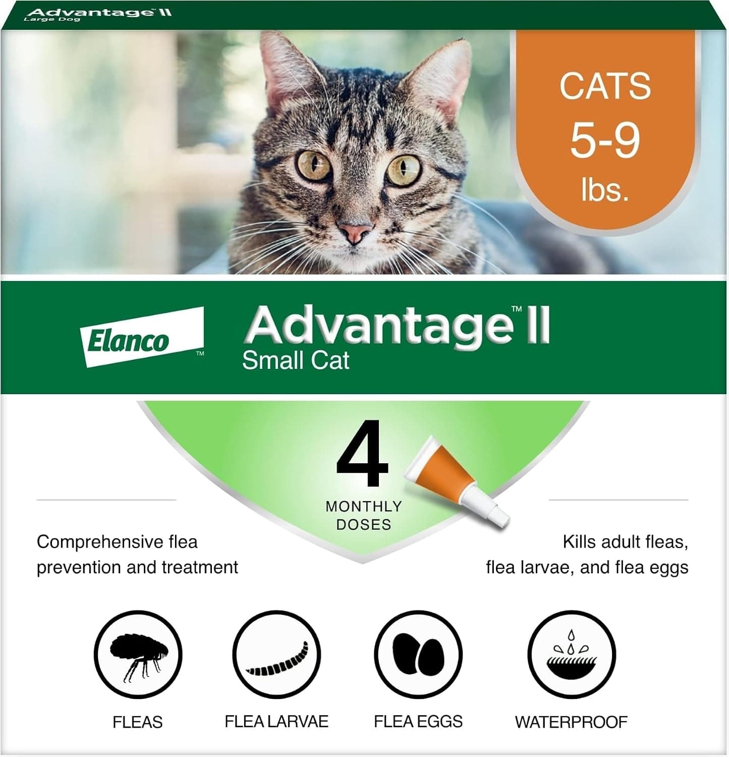 Tratamiento y prevención de pulgas recomendado por veterinarios para gatos pequeños Advantage II | Gatos de 5 a 9 libras. | Suministro para 4 meses