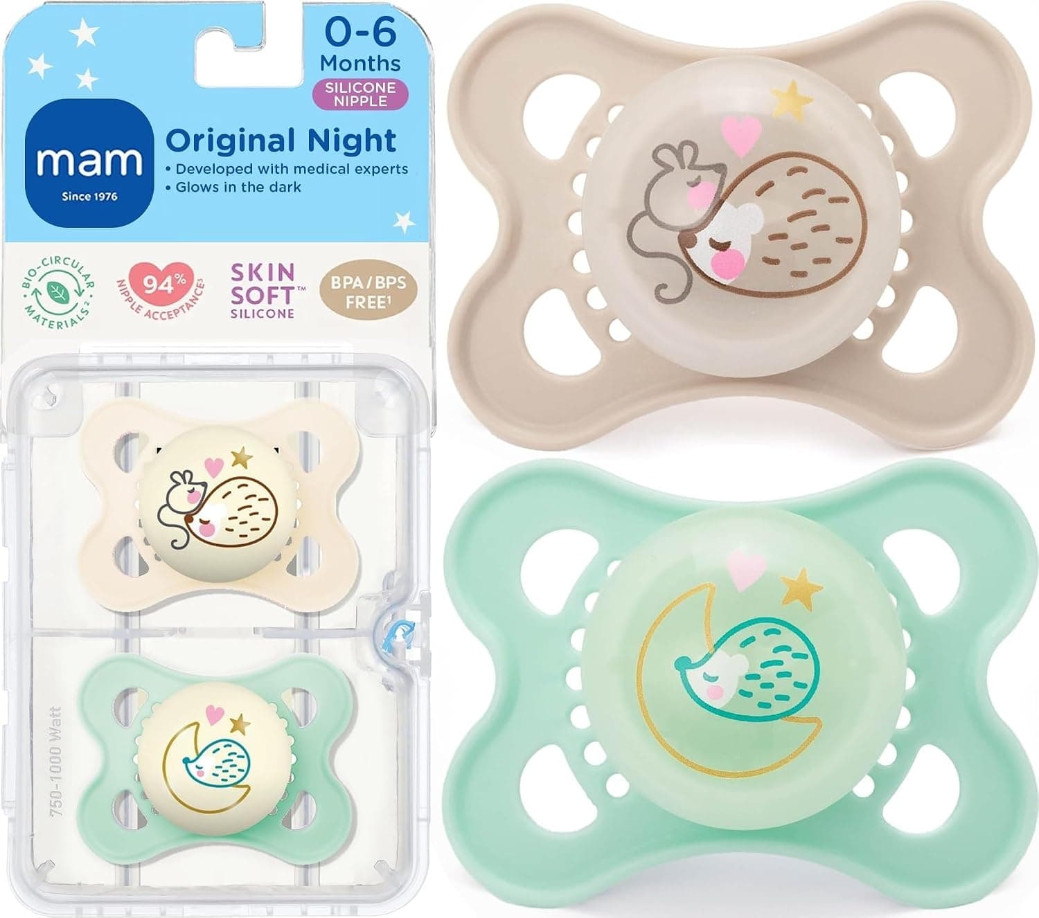MAM Chupetes originales para bebés de 0 a 6 meses, brillan en la oscuridad, paquete de 2