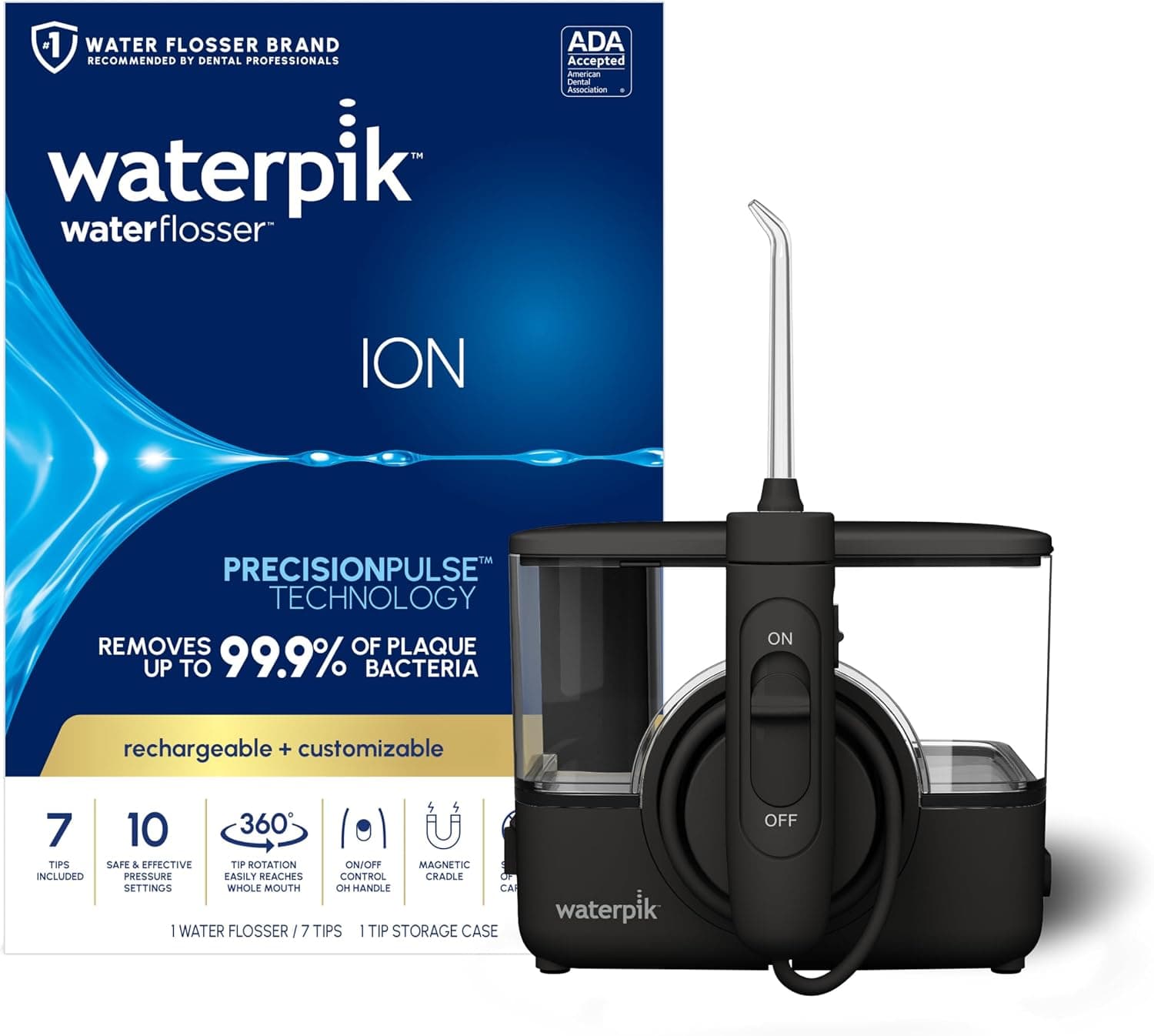 Waterpik ION irrigador dental recargable con 10 configuraciones, 7 puntas, negro | Encimera inalámbrica portátil para la salud diaria de las encías en casa, aparatos dentales e implantes, aceptado por ADA, el embalaje WF-12 puede variar