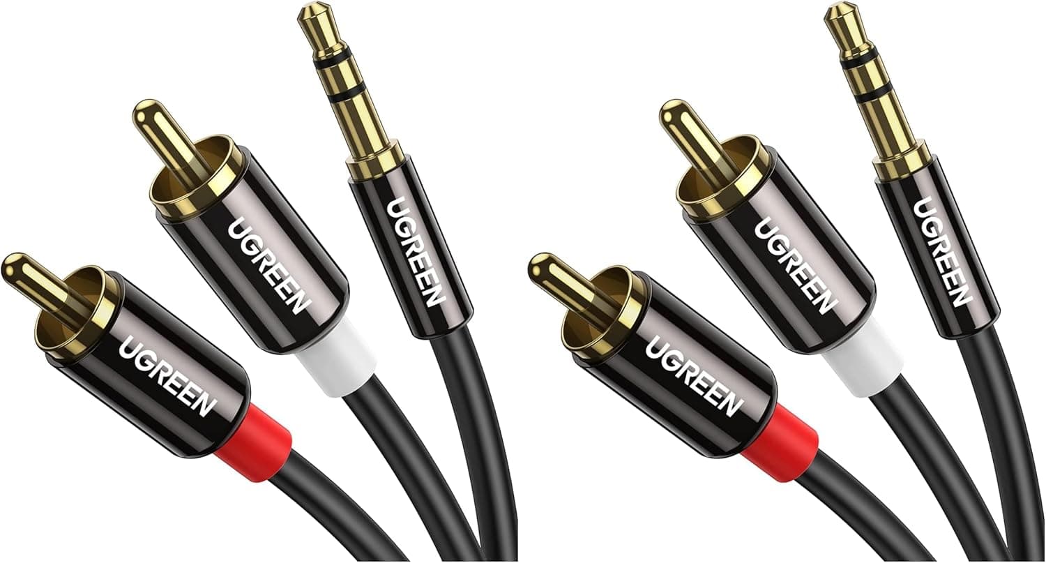 Cable UGREEN de 3,5 mm a RCA, adaptador de audio 2RCA macho a auxiliar de 3,3 pies, sonido HiFi (paquete de 2)