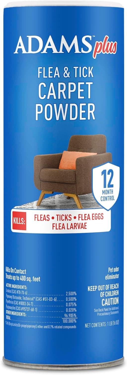 ADAMS Plus Polvo para alfombras contra pulgas y garrapatas, mata pulgas y garrapatas, 16 oz | Tratamiento antipulgas para el hogar con hasta 12 meses de control de reinfestación en alfombras, moquetas y muebles
