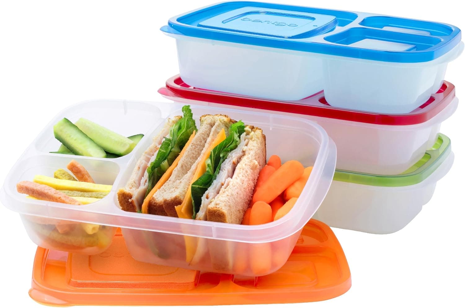 Bentgo Easyboxes - Fiambreras apilables originales - Contenedores de alimentos reutilizables de 3 compartimentos para niños y adultos - Fiambrera Bento para preparación de comidas, escuela y trabajo - Sin BPA, juego de 4 (Clásico)
