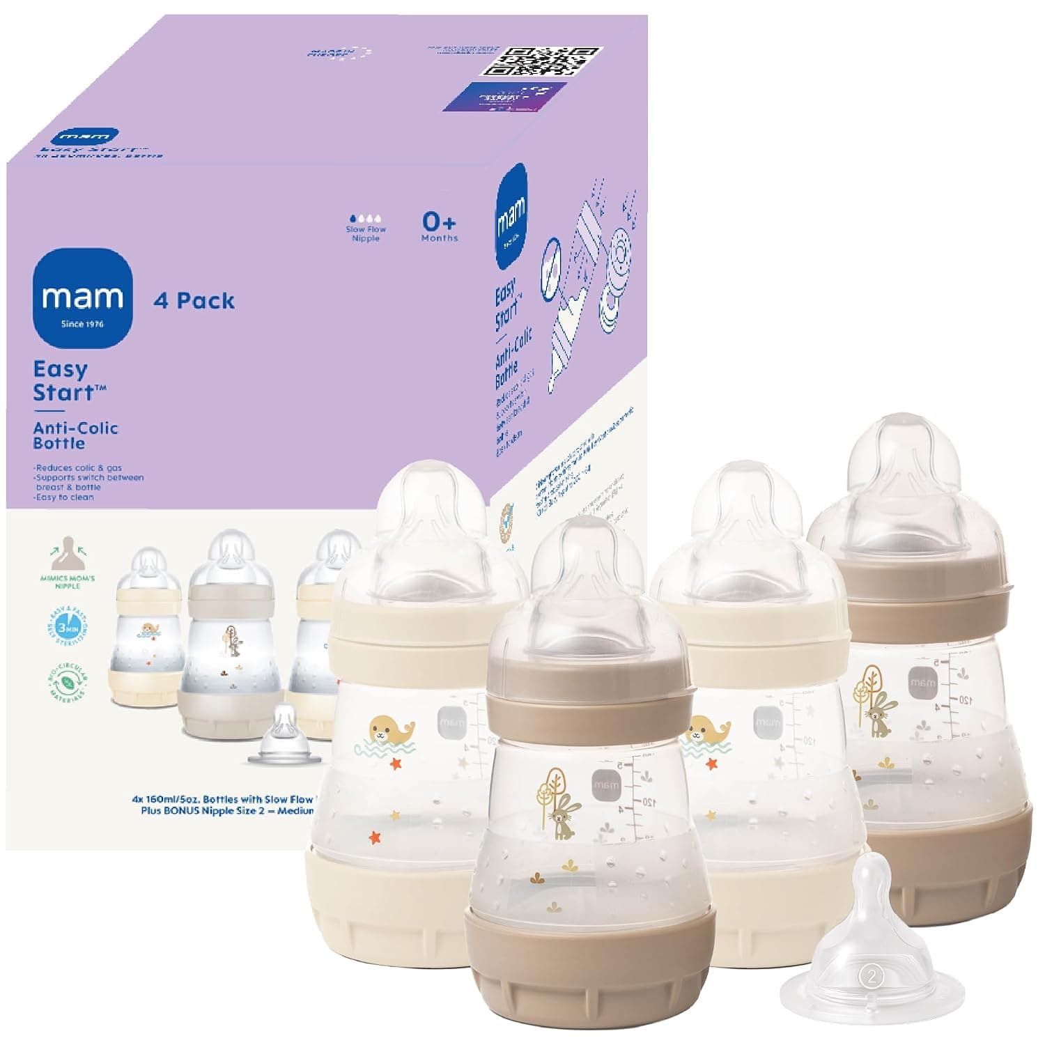 MAM Biberón con ventilación anticólicos Easy Start de 5 oz, 0+ meses, paquete de 4, unisex | Tetina de flujo lento similar a la lactancia materna, biberón anticólico doble que reduce los gases y el reflujo, fácil de limpiar, sin BPA, fabricado en Europa