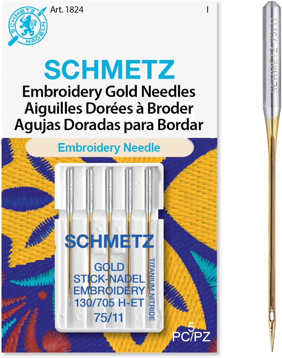 SCHMETZ Agujas para máquina de coser bordadas doradas, recubiertas de titanio para costuras suaves, tamaño 75/11, tarjetas de 5 agujas, paquete de 1