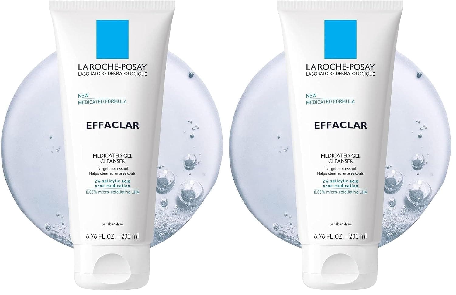 Limpiador en gel medicado La Roche-Posay Effaclar, 2% limpiador de ácido salicílico + LHA + glicerina, lavado facial espumoso para acné, ayuda a limpiar y prevenir brotes de acné, sin aceite, apunta al exceso de aceite, (paquete de 2)