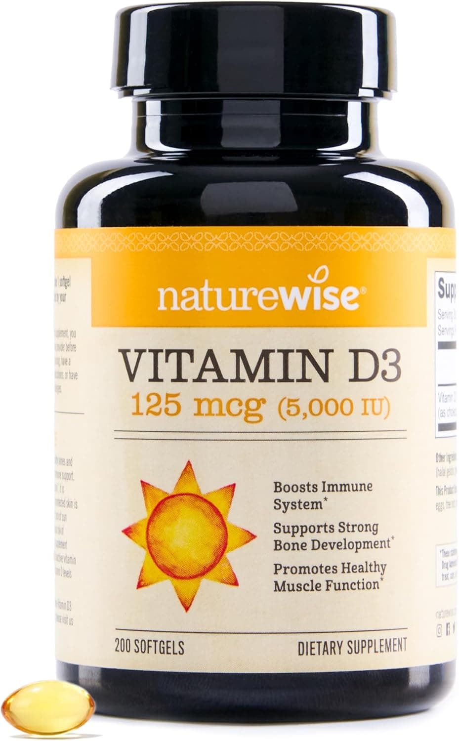 Suplemento NatureWise de vitamina D3 5000 UI, apoyo inmunológico, 200 mini cápsulas blandas | Vitamina D 125 mcg - Aceite de oliva virgen extra orgánico - Soporte para músculos y huesos - Sin gluten y fabricado en EE. UU. - Suministro para 200 días
