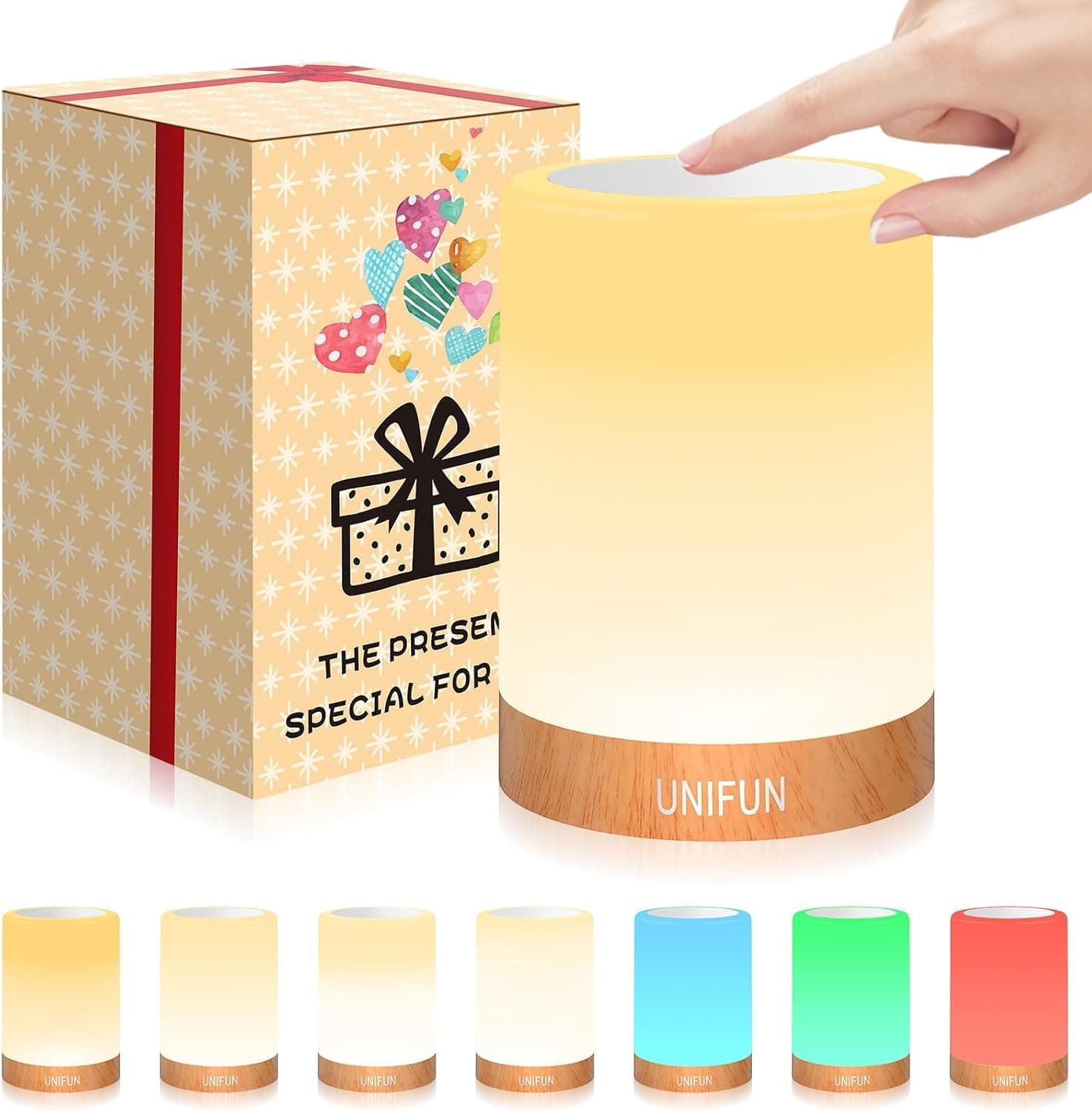 UNIFUN Lámpara de mesita de noche regulable RGB táctil con luz nocturna para guardería de bebés | Control táctil fácil para padres, iluminación segura para los ojos de los bebés, luz nocturna perfecta para la guardería del bebé, embalaje de regalo para todo uso durante las vacaciones