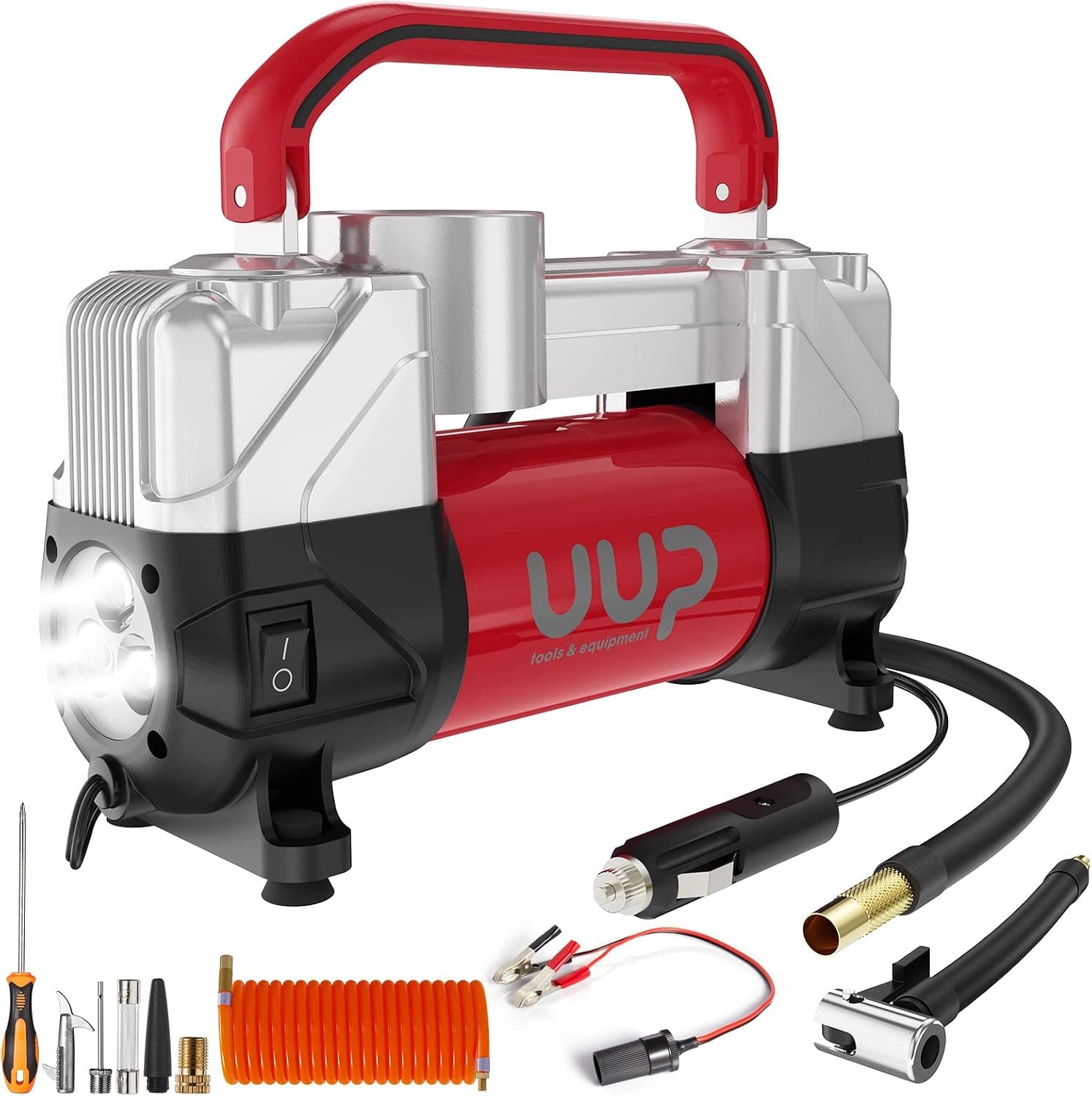 UUP Compresor de aire portátil de 12 V, inflador de neumáticos de 150 PSI con cilindros dobles | Bomba de aire resistente con luz LED de emergencia para coche, camión, SUV, RV, neumáticos de bicicleta, pelotas, colchón de aire, rojo