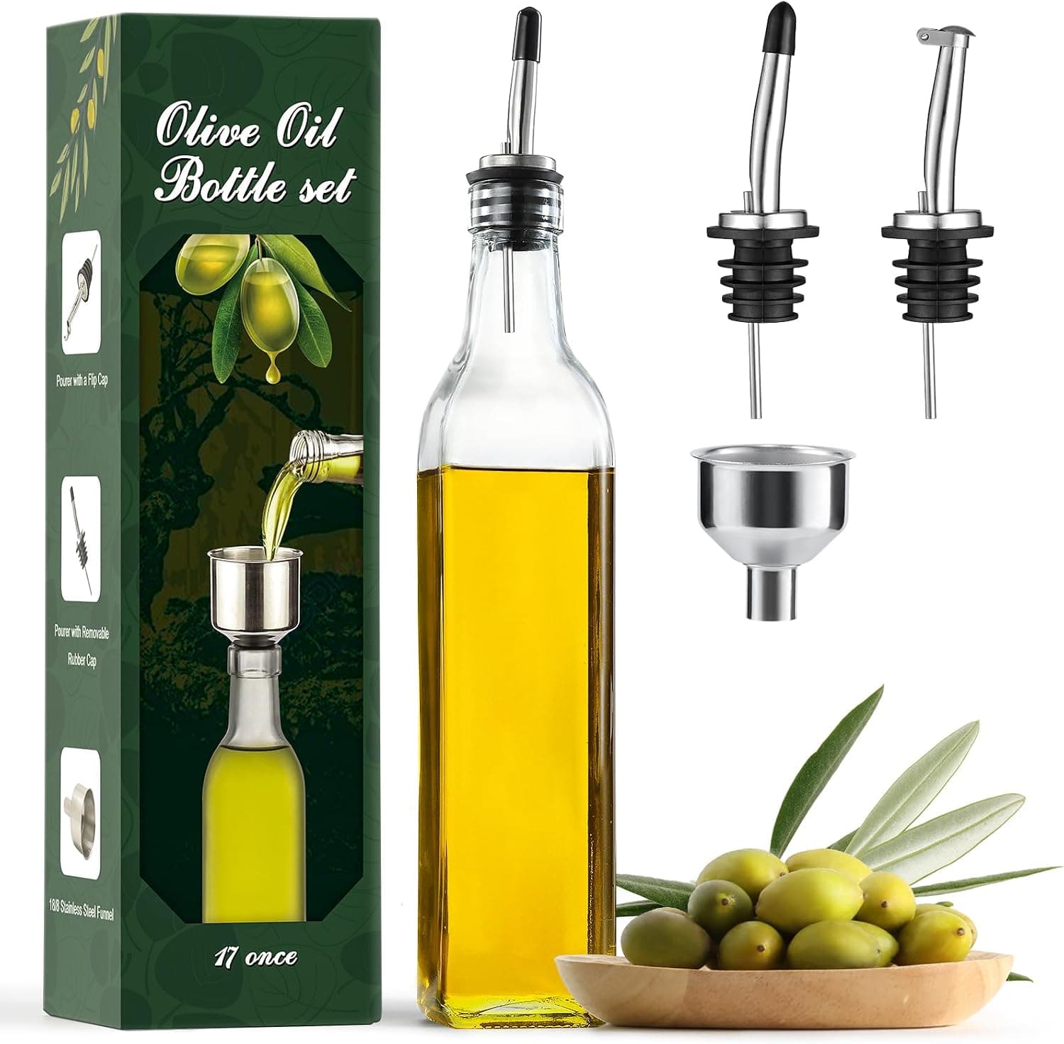 AOZITA Botella dispensadora de aceite de oliva de vidrio transparente de 17 oz – Vinagrera de aceite y vinagre de 500 ml con vertedor y embudo – Decantador de jarra de aceite de oliva para cocina