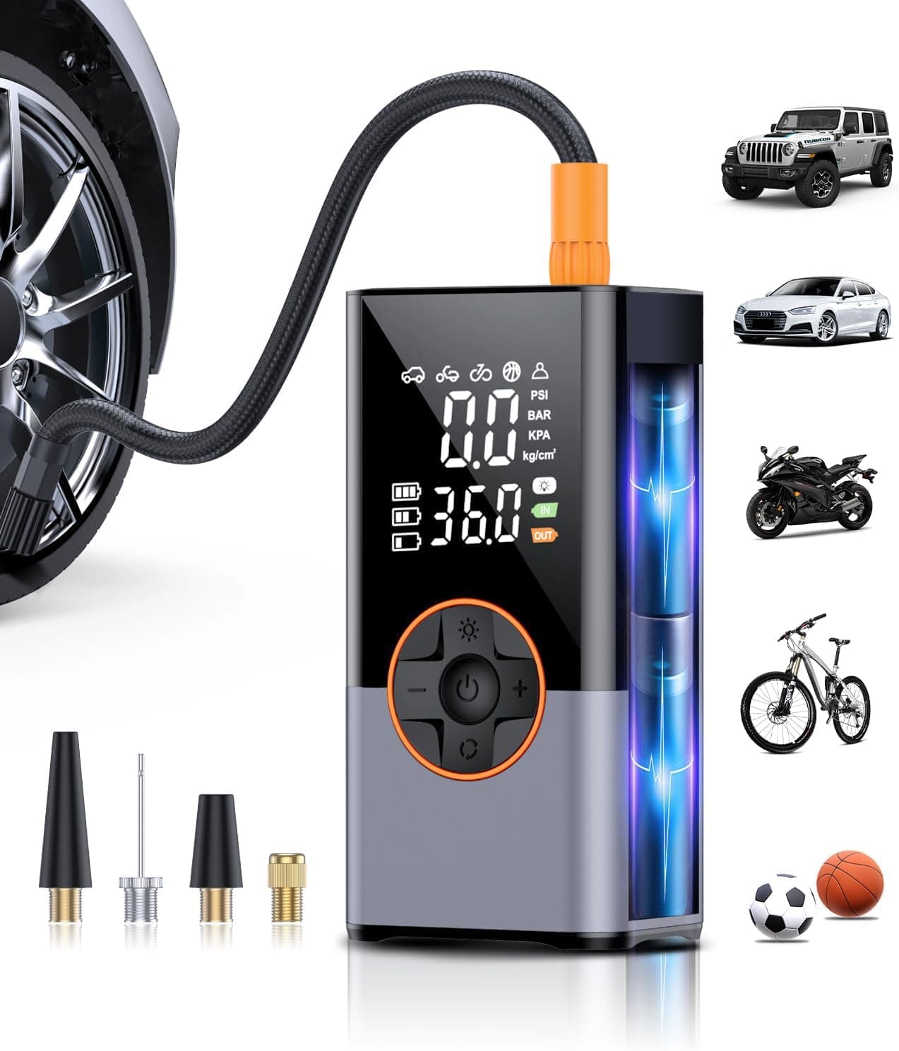 Compresor de aire portátil para inflar neumáticos, bomba de neumáticos inalámbrica con luz LED superbrillante para coche, bicicleta, motocicleta