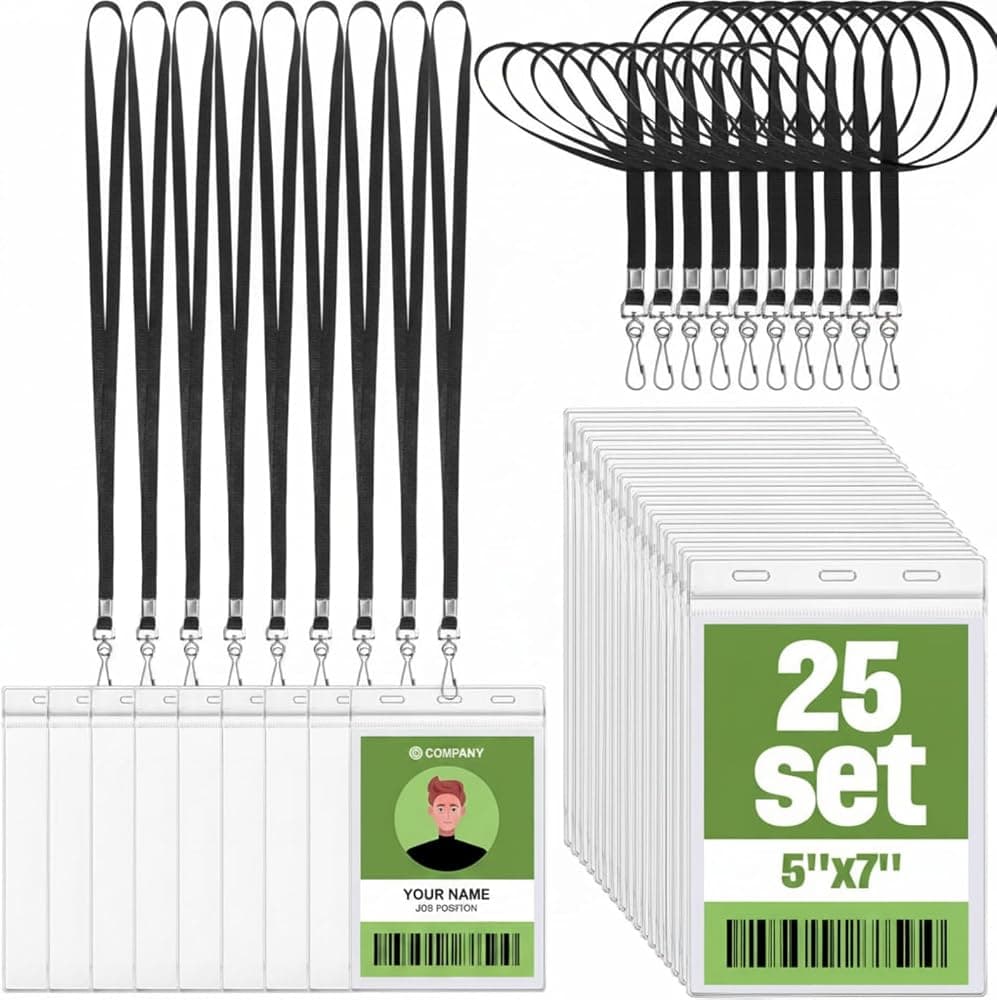 Patelai Paquete de 25 soportes para credenciales extra grandes de 5 x 7 pulgadas con cordón negro de 20 pulgadas Tarjeta de identificación vertical con nombre Portatarjetas de PVC Fundas protectoras de identificación Bolsa con cordón para oficina Pasaporte Entradas Eventos