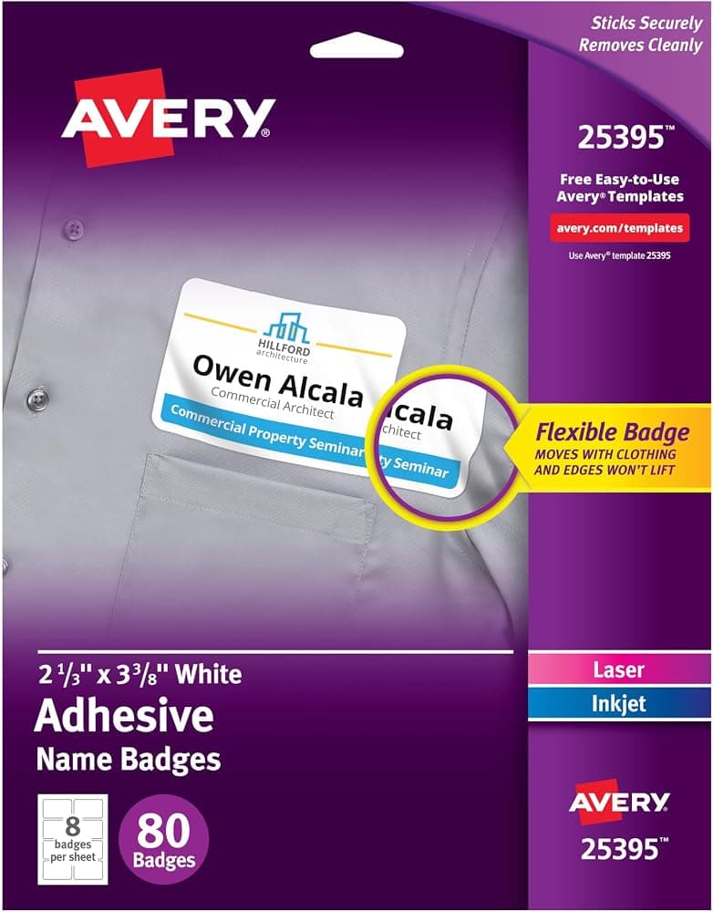 Etiquetas adhesivas flexibles para nombres imprimibles, 2-1/3" x 3-3/8", blanco mate, adhesivo removible, compatible con láser e inyección de tinta, 80 credenciales en total, ideal para redes, eventos y más (25395)