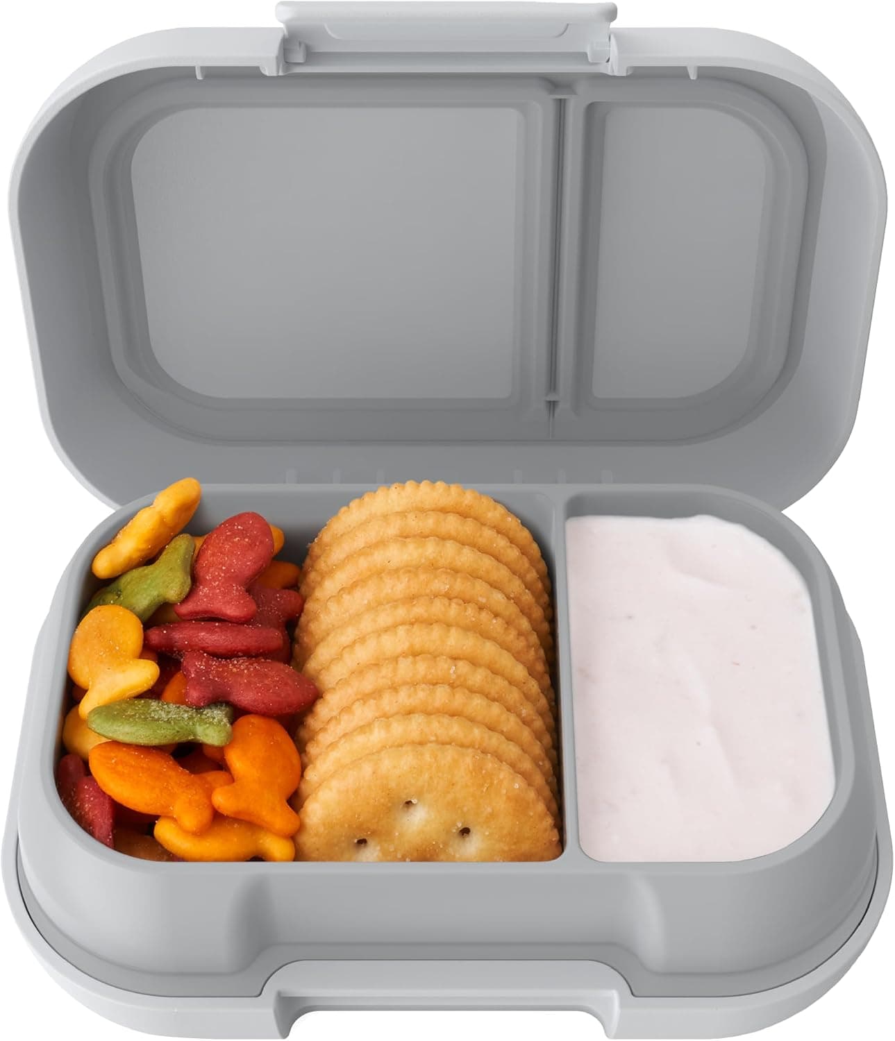Bentgo Kids Snack Contenedor estilo Bento de 2 compartimentos a prueba de fugas | Para refrigerios y comidas pequeñas, pestillo de fácil apertura, apto para lavavajillas, sin BPA para la escuela, guardería y deportes, a partir de 3 años (gris)