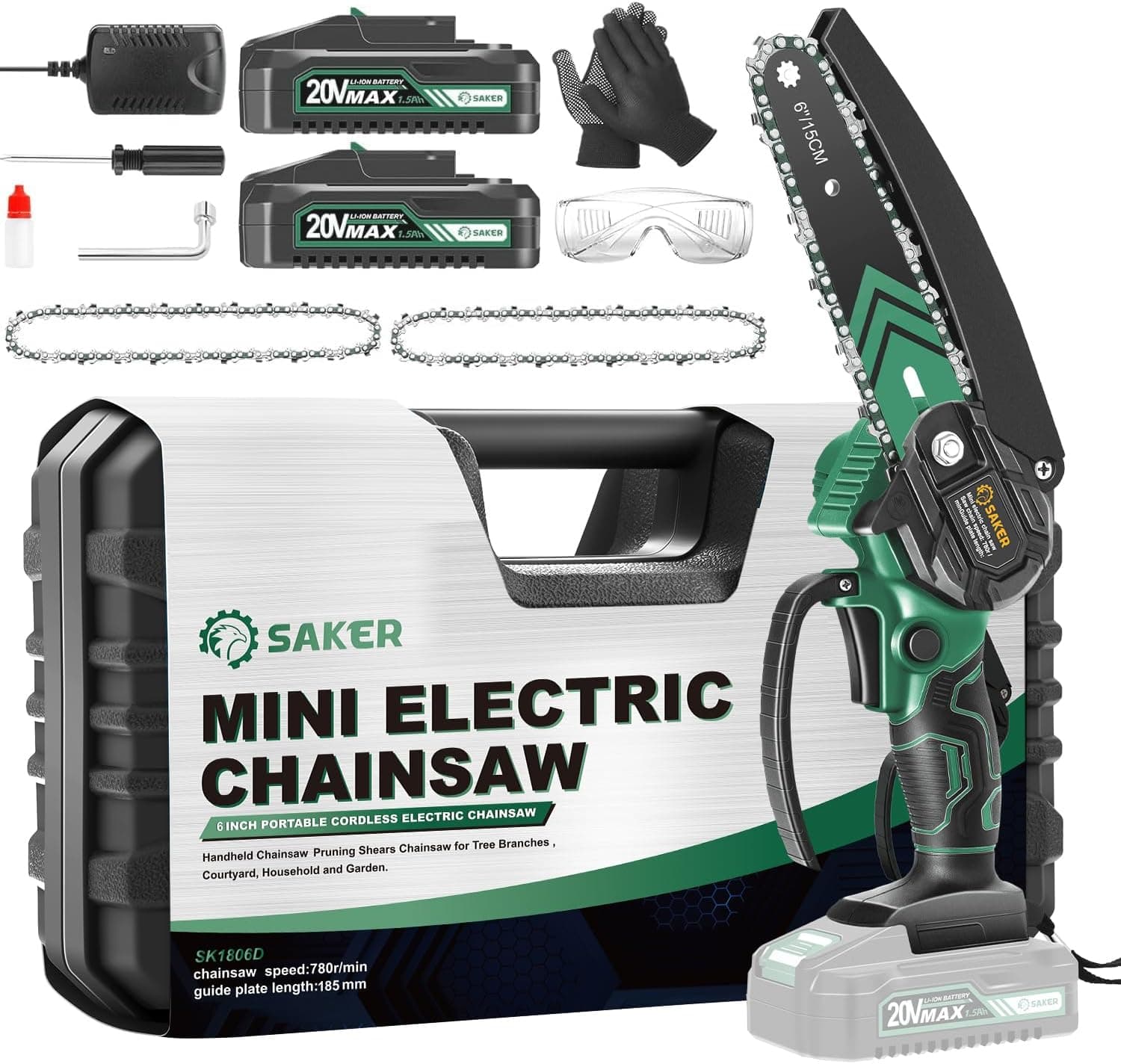 Saker Mini motosierra, motosierra eléctrica portátil de 6 pulgadas inalámbrica, pequeña motosierra de mano para ramas de árboles, patio, hogar y jardín, regalo para hombres y papá (SK1806D-G)