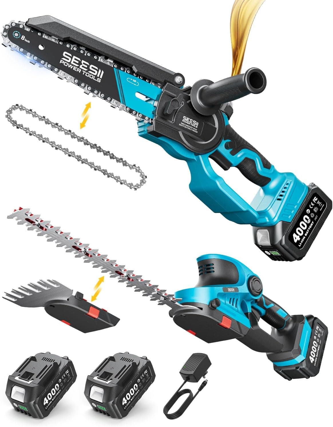 SEESII Mini motosierra y cortasetos inalámbricos 3 en 1, combo de cizalla de césped | Motosierra eléctrica de 8 pulgadas sin escobillas, 2 baterías de 4000mAh, recortadora de mano, juego de herramientas de jardín ergonómicas para recortar