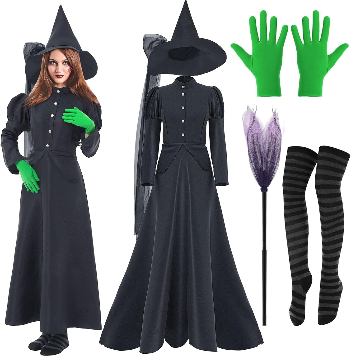Disfraz de bruja de Halloween para mujer, conjunto de vestido de mago con sombrero, escoba, calcetines a rayas, guantes de LICRA para fiesta de disfraces, 5 uds.