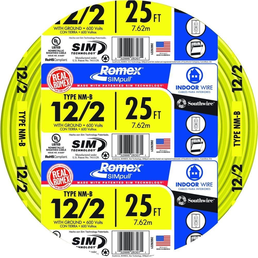 SOUTHWIRE 25 FT. 12/2 Solid ROMEX SIMPULL CU NM-B W/G Wire 28828221