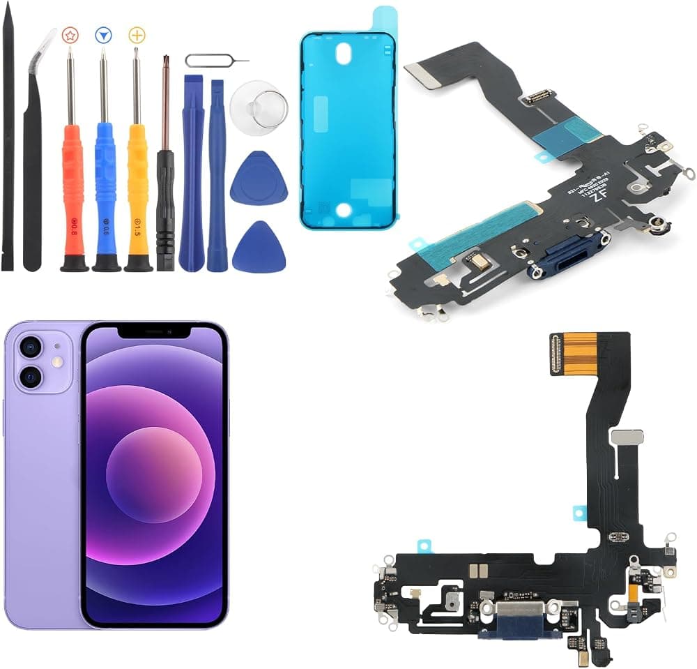 Conector de base para iPhone 12/12 Pro Puerto de carga Reemplazo de cable flexible para iPhone 12 Cargador USB Conector de placa de base con herramientas (azul)