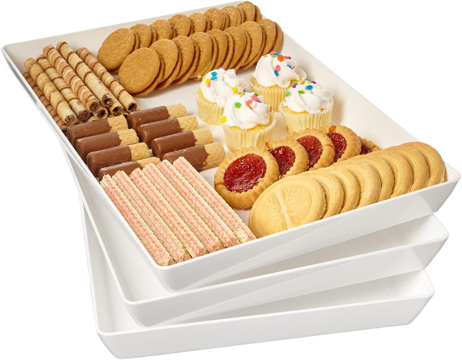 Bandejas para servir de plástico blanco Avant acrílicas de EE. UU. (Juego de 3) 15” x 10” | Platos rectangulares reutilizables grandes para fiestas | Sirva aperitivos, frutas, verduras y postres | Sin BPA y fabricado en EE. UU.