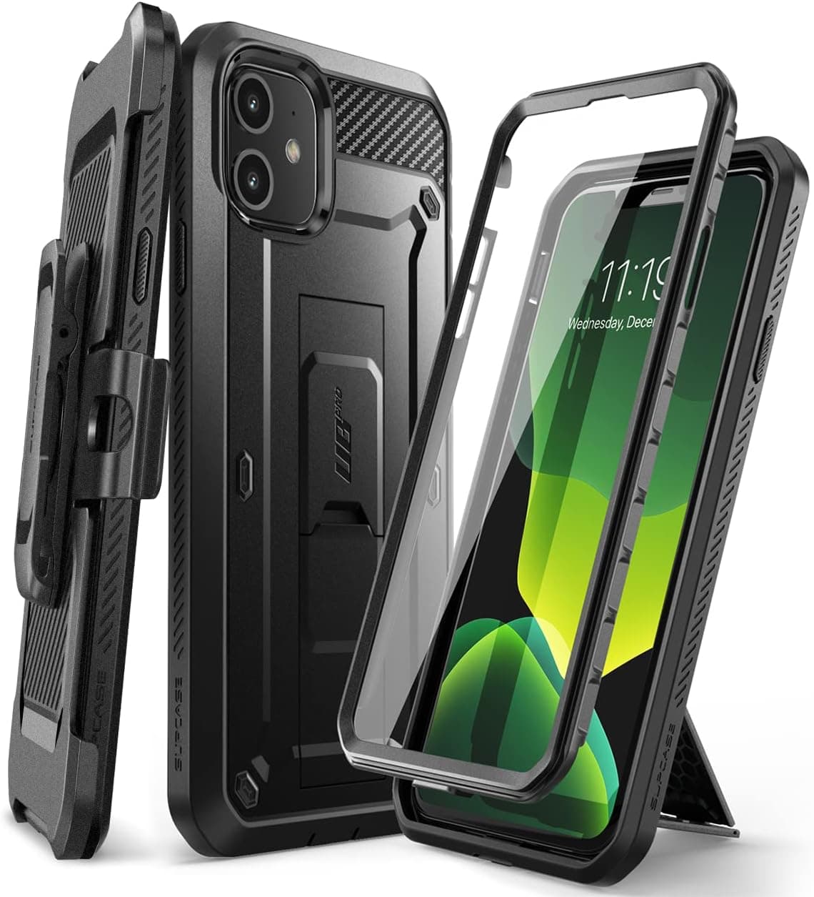 Funda SUPCASE para iPhone 11 (6,1 pulgadas) con protector de pantalla, negra | Soporte incorporado, clip de cinturón giratorio de 360°, funda de funda robusta de cuerpo completo, protección de grado militar, unicornio Beetle Pro