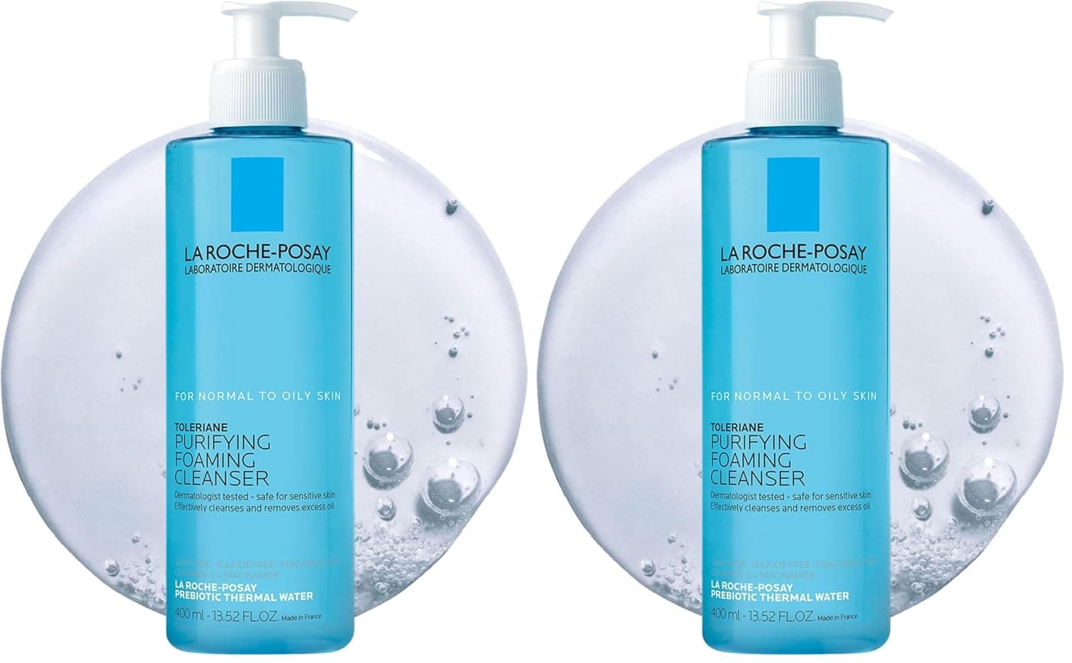 Limpiador facial purificante espumante La Roche-Posay Toleriane,enjuague facial sin aceite: mujeres yhombres con niacinamida+ceramidas, limpiador de poros seguro para pieles sensibles,no se seca la piel, sin jabón, 400 ml,(paquete de 2)