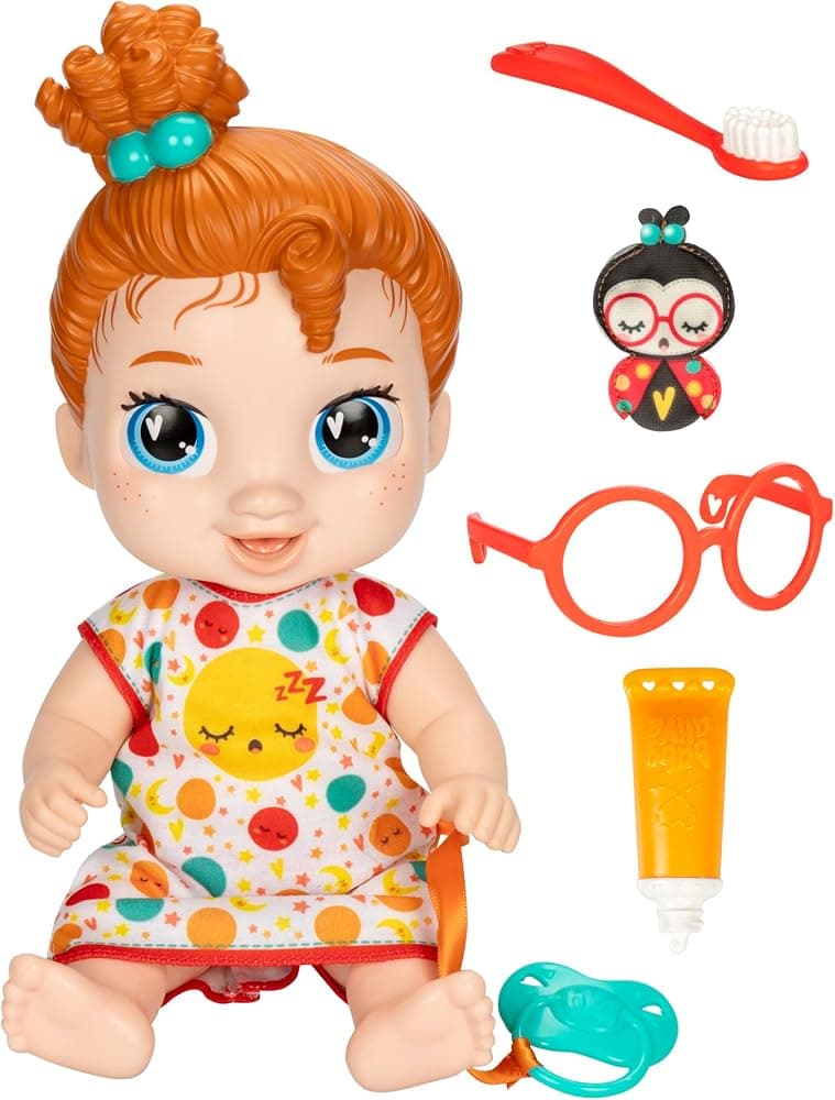 Baby Alive Lil Dreamer Dottie Doodle Sleepy Baby Doll Set, pelo rojo, divertido tema de fiesta de pijamas, juguetes preescolares para niñas y niños de 3 años en adelante