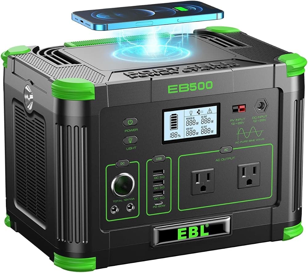 Central eléctrica portátil EBL de 500 W (pico de 1000 W), energía solar para acampar al aire libre de 519,48 Wh | Paquete de batería de respaldo de generador solar con 2 salidas de CA de 120 V, central eléctrica de 10 puertos para uso de emergencia en exteriores e interiores
