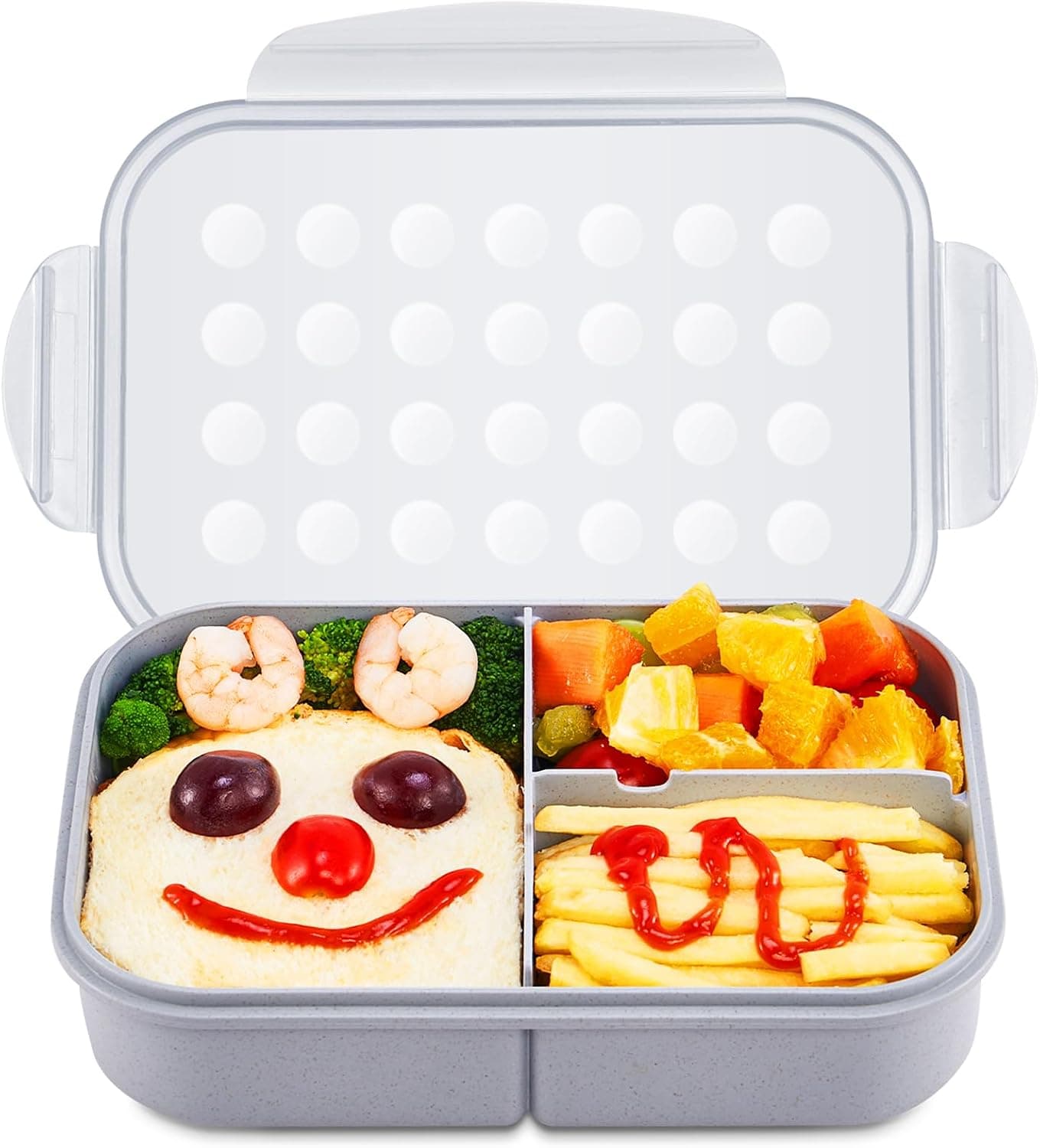 MISS BIG® Fiambrera Bento para Niños, 1150 ml, 3 Compartimentos, Gris | Fiambrera infantil gris con 3 compartimentos para comidas de guardería, meriendas escolares, comida de picnic y viajes.