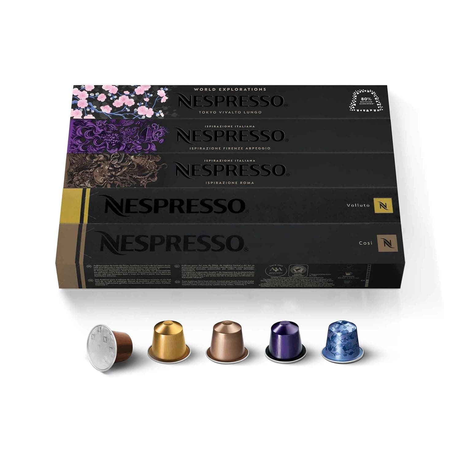 Nespresso Original, paquete variado, suave, mediano, 50 cápsulas de espresso | Cápsulas de café tostado oscuro, paquete de 1 preparación, 1,35 oz
