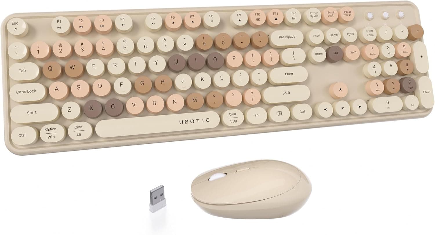 UBOTIE Combo colorido de teclado y mouse inalámbricos (té con leche-colorido) | Máquina de escribir retro, teclas flotantes de tamaño completo, teclado de computadora con mouse óptico, conexión USB de 2,4 GHz para Windows Mac