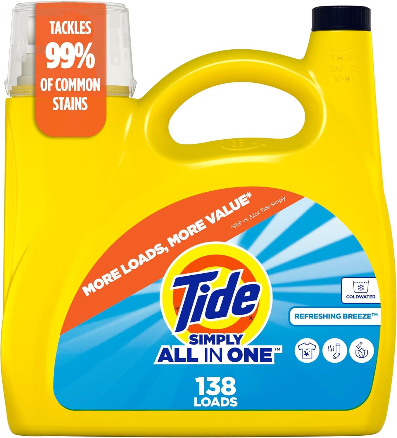 Tide Simply Detergente líquido para ropa, aroma refrescante a brisa, detergente todo en uno, 138 cargas, 173 fl oz