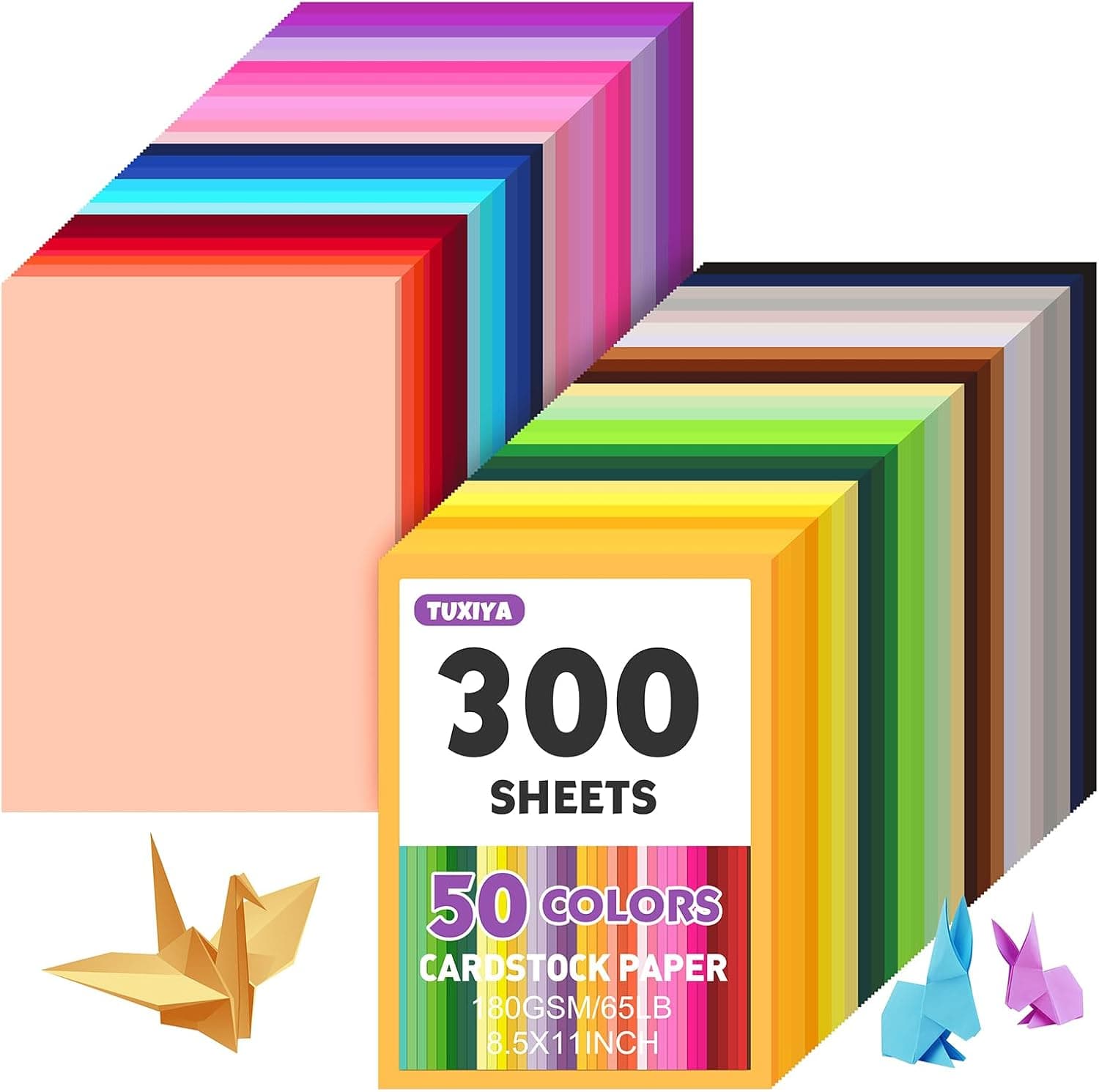 TUXIYA 300 Sheets 8.5" X 11" Colored Cardstock, 50 Colors Card Stock | 50 Assorted Colors Construction Paper Printer Paper for Printing, Card Making, DIY Crafts, School Supplies,Party 180GSM/65LB