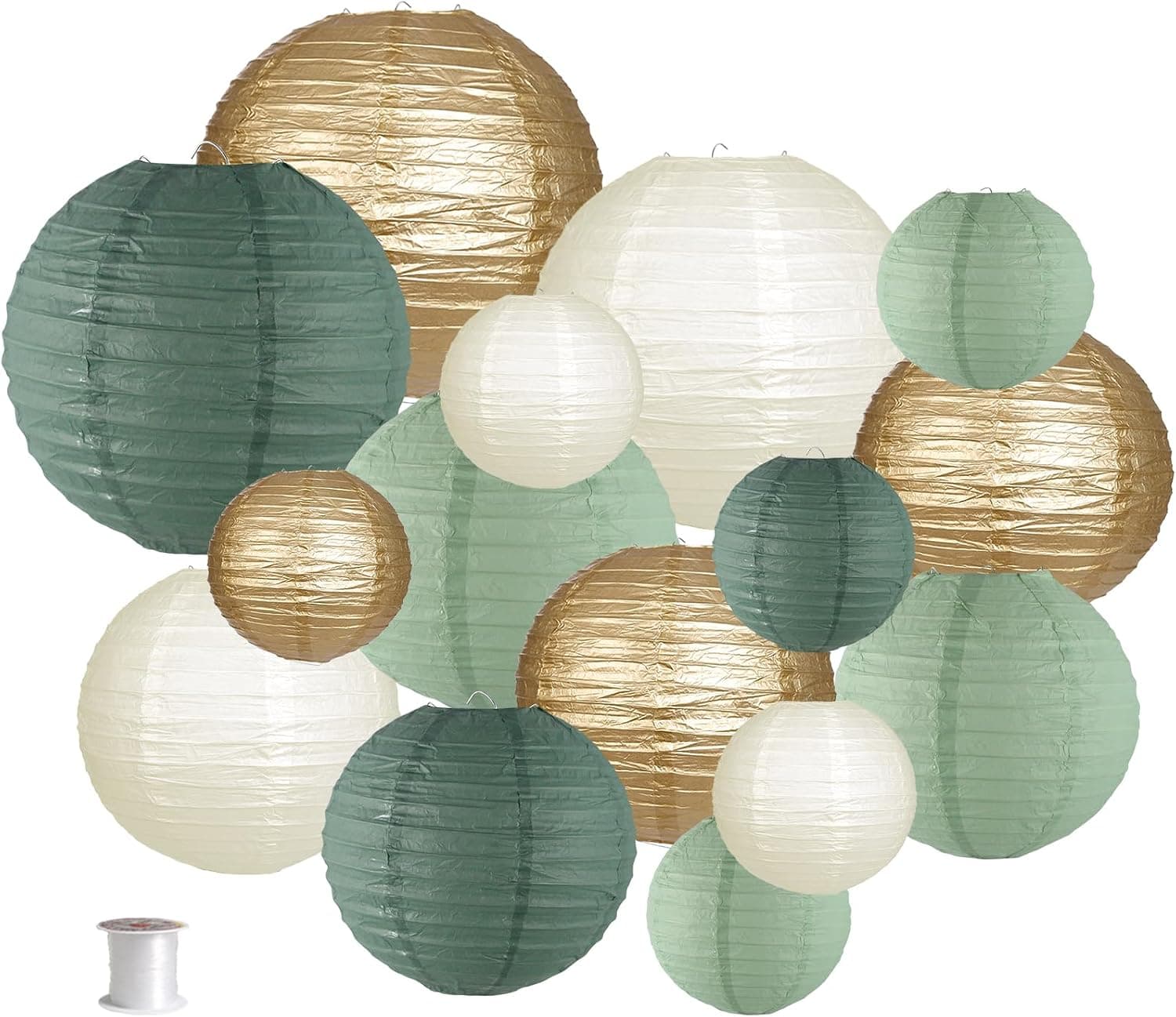 Linternas de Papel Decorativas, Linternas de Papel Colgantes Redondas Decoraciones para Fiestas rústicas Despedida de Soltera Boda Suministros para Fiestas de cumpleaños Verde Salvia Oro/Marfil/Verde Salvia 15 Piezas