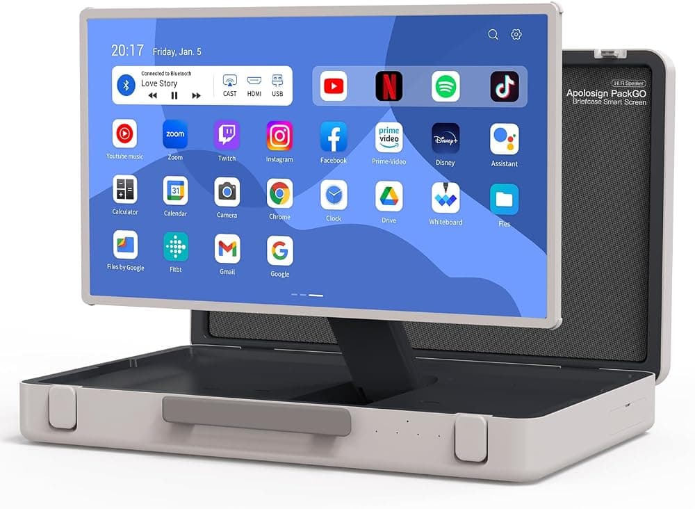 Sistema de Entretenimiento Portátil de 27 Pulgadas, Smart TV con Diseño de Maleta Compacta, Sistema Operativo Android, Altavoces Bluetooth 3D, Batería Incorporada 6H, Pantalla de Maletín Perfecto para Viajes y Fiestas (Blanco)