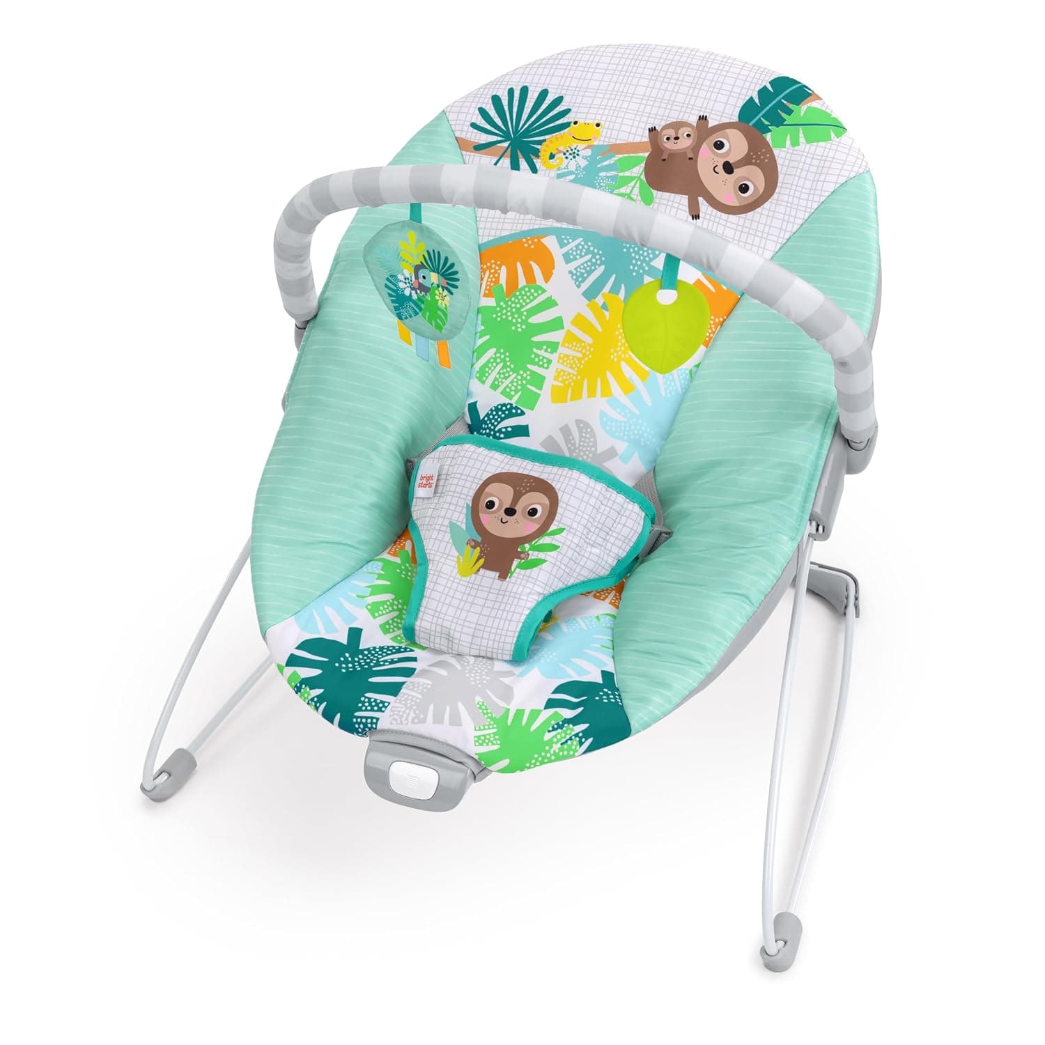 Bright Starts Wild Wonders Hamaca vibratoria para bebé, barra de juguetes extraíble con 2 juguetes, pies antideslizantes, 0-6 meses hasta 20 libras