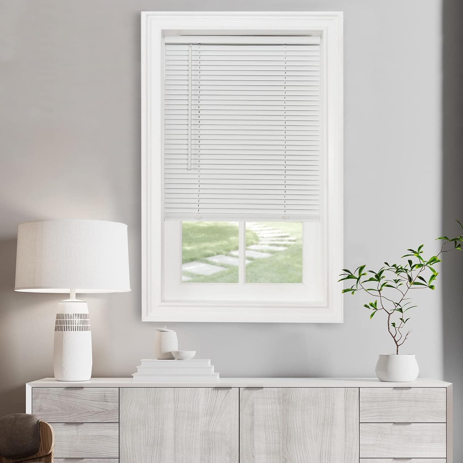 Cordless Light Filtering Mini Blind, 22 x 64 in, Pearl White | Cordless Lift and Light-Filtering Control: Slat-Based Blind Construction with Adjustable Light Control.