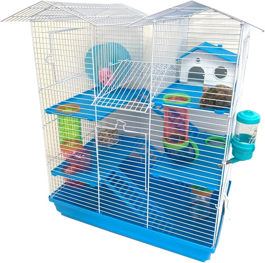 Torre gemela grande de 5 niveles, tubo de nivel cruzado, hábitat, hámster sirio, roedor, jerbo, ratón, ratón, rata, alambre, jaula para el hogar de animales con casa escondida, rueda para correr, cuenco para comida, botella de agua, base profunda