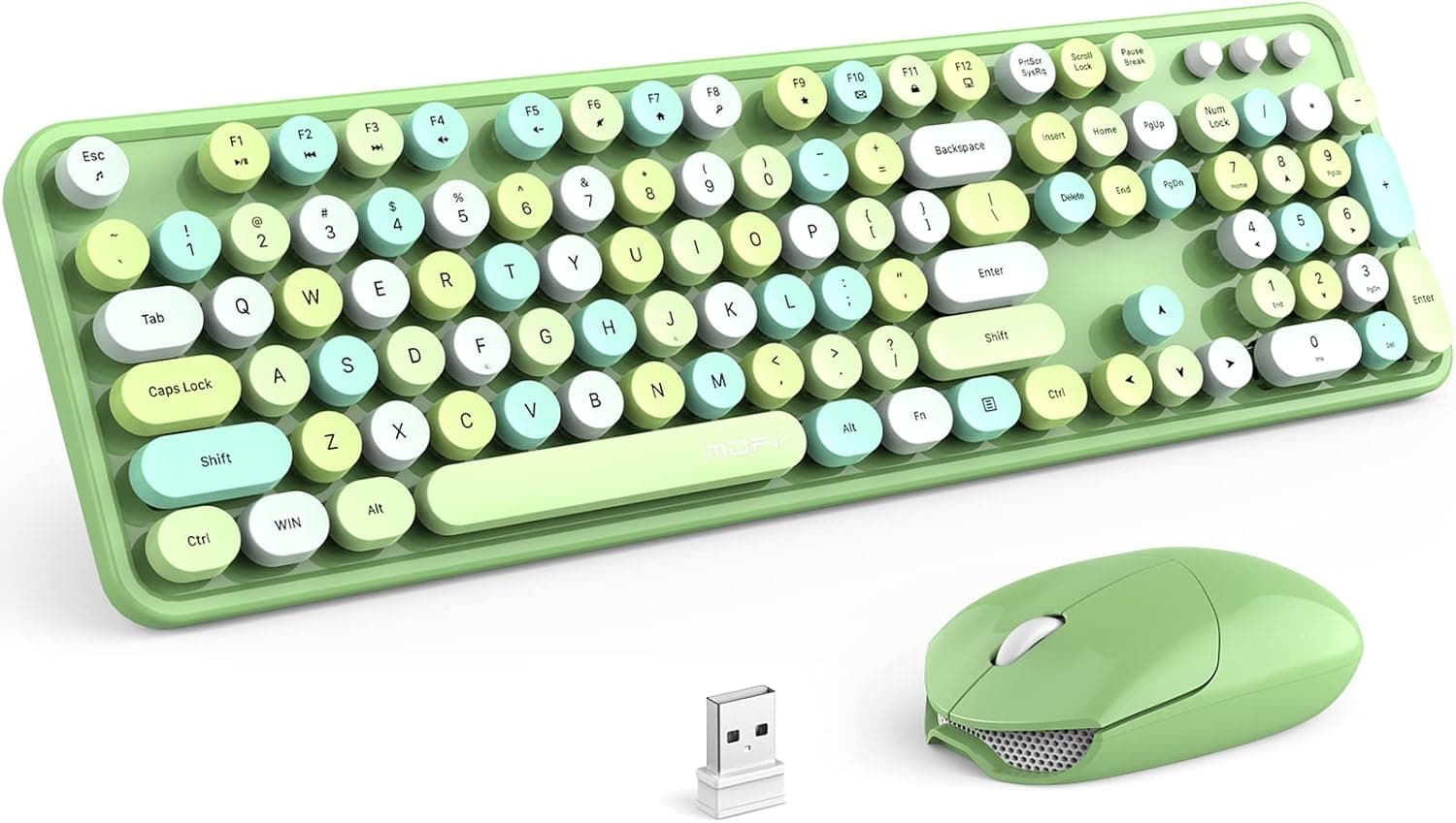 MOFII Combo de teclado y mouse inalámbricos, teclado de máquina de escribir retro de tamaño completo de 2,4 GHz con teclado numérico y mouse inalámbrico para computadora portátil, PC, computadora de escritorio, Mac, Windows - Verde colorido