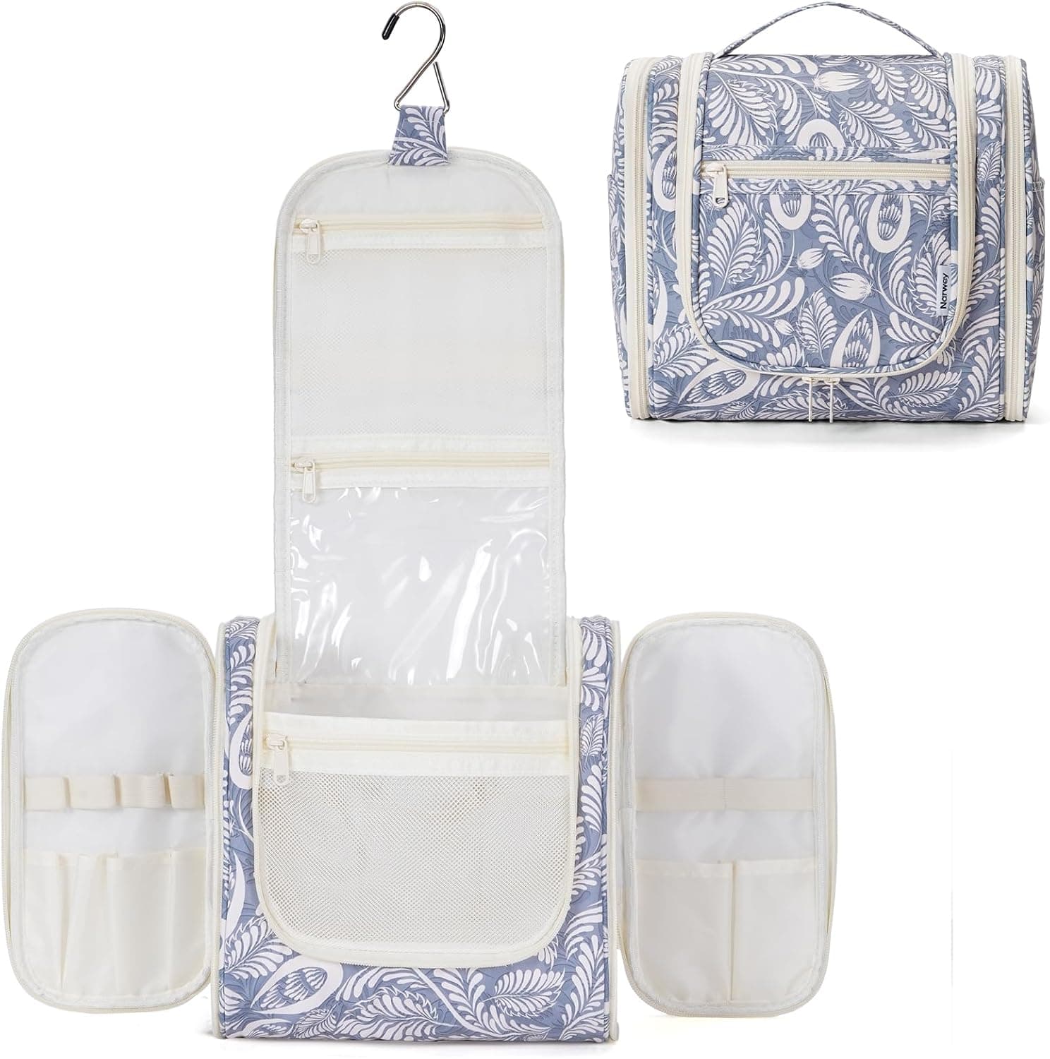 Narwey Neceser colgante para mujer, bolsa de maquillaje de viaje, organizador, bolsa de artículos de tocador para hombres, para cosméticos, accesorios esenciales (grande, hoja azul)