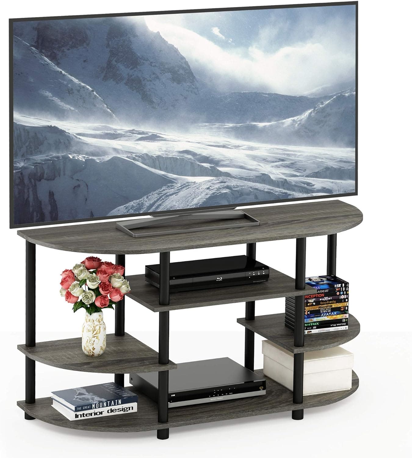 Furinno JAYA Mueble esquinero para TV de diseño simple, roble francés gris/negro, 42,04 x 22,75 x 15,55 pulgadas | Centro de entretenimiento de esquina con diseño de estante abierto, consola de TV, esquina redonda, para sala de estar, dormitorio