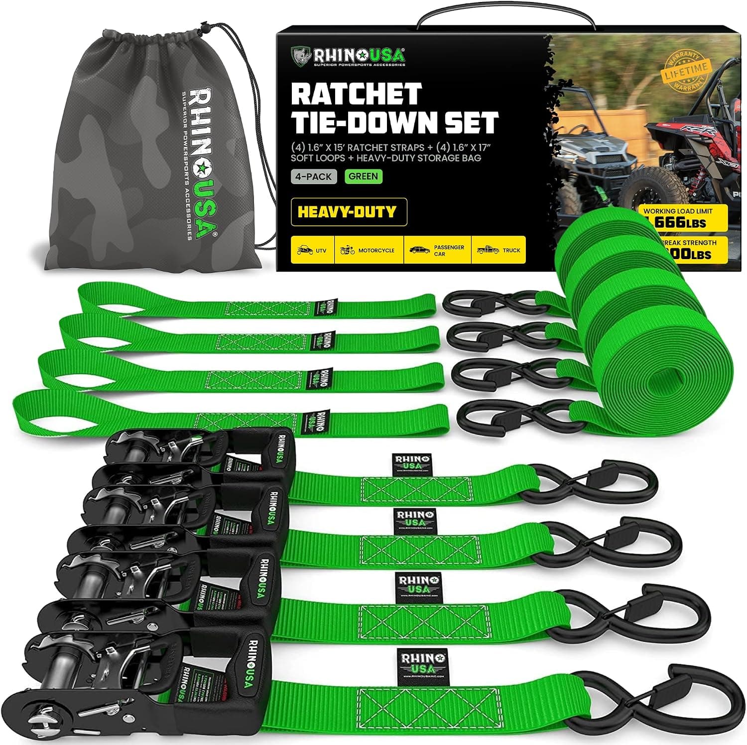 Rhino USA Amarres de trinquete resistentes (paquete de 4) - 1.6 pulgadas x 15 pies, 5,000 lb | Resistencia a la rotura de 5000 lb. Trinquete manual con ganchos en forma de S de seguridad y bucles suaves. Para camiones, vehículos todo terreno, UTV, motocicletas y carga. Verde