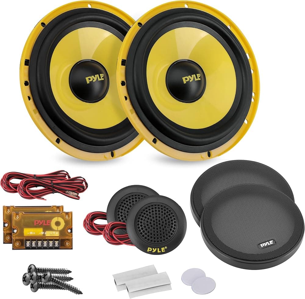 Sistema de altavoces de componentes personalizados de 2 vías - 6.5” 400 Watts, con canasta de plástico galvanizado, marco de caucho butílico y estructura magnética de 40 oz - Juego de accesorios de instalación de cables incluido - PLG6C, amarillo