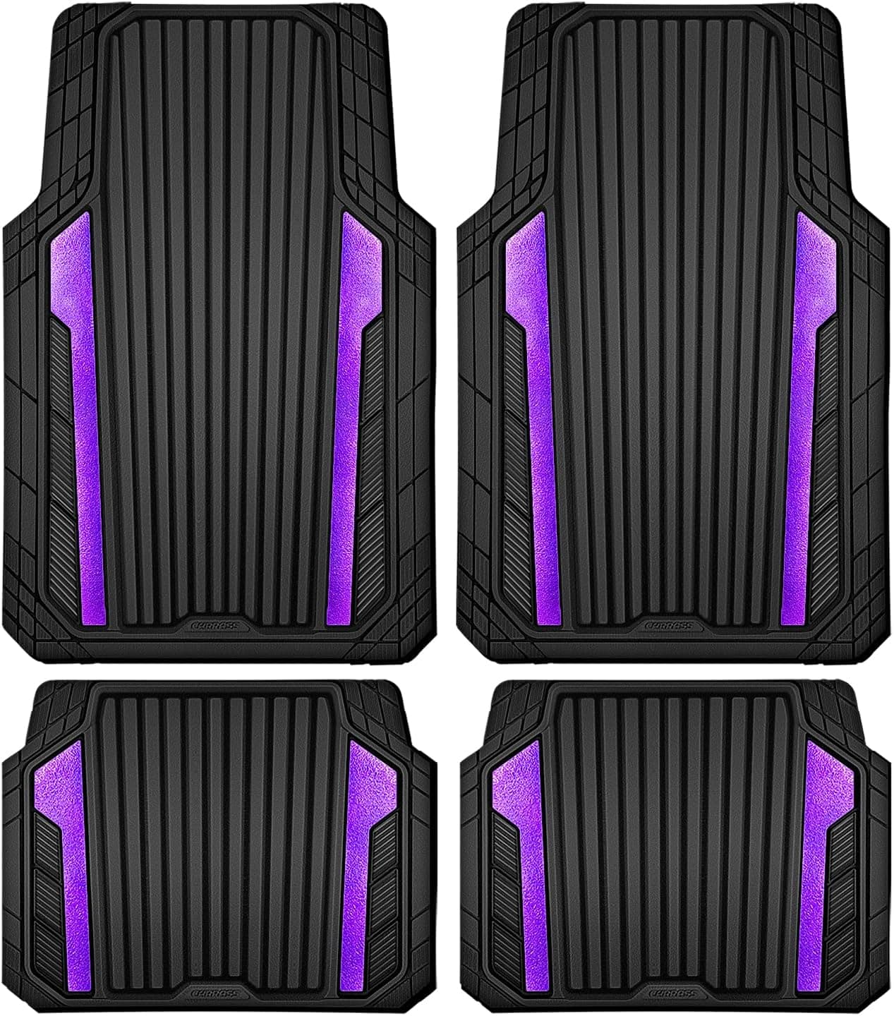 PASE PARA COCHE Alfombrillas de goma metálicas de aluminio para todo tipo de clima Alfombrillas impermeables universales para SUV Sedanes Furgonetas 4 piezas Anodizado Deep Dish de dos tonos Deportivo Negro Púrpura Cromo