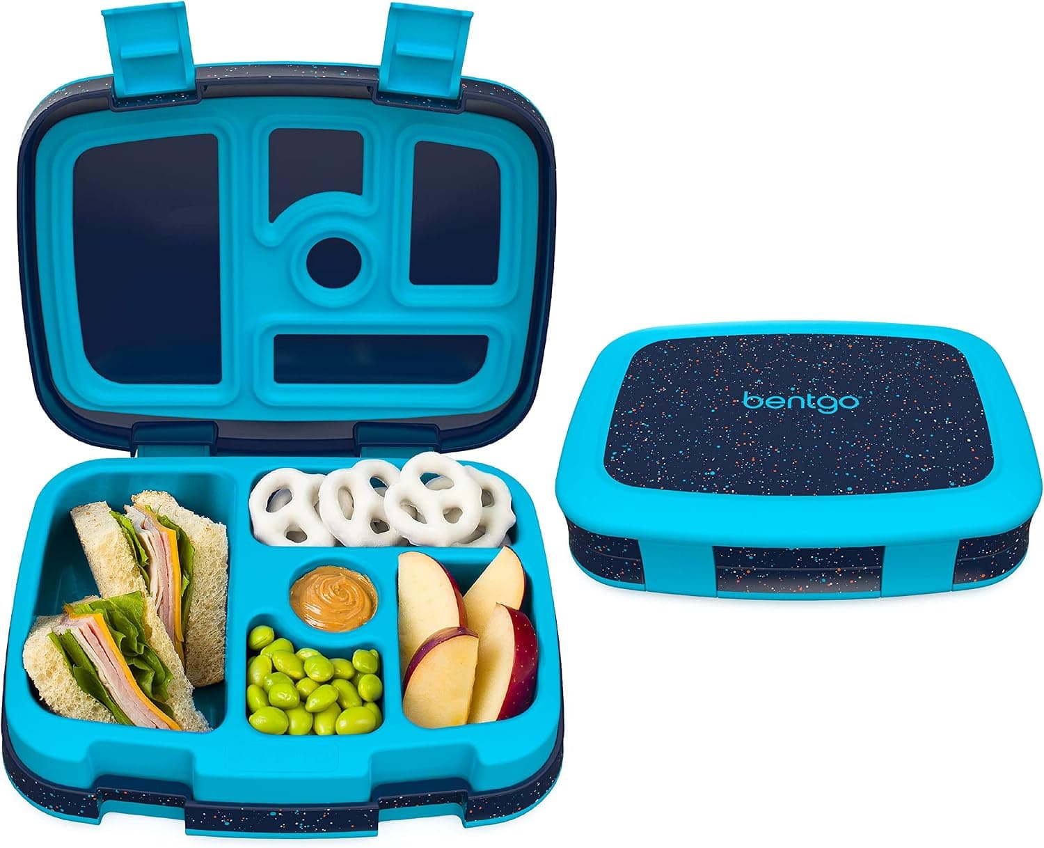 Bentgo Kids Fiambrera de 5 compartimentos - Diseño de confeti para la escuela, ideal para edades de 3 a 7 años, a prueba de fugas, a prueba de caídas, apta para lavavajillas y fabricada con materiales libres de PFAS y BPA (Edición Confeti - Azul Abismo)