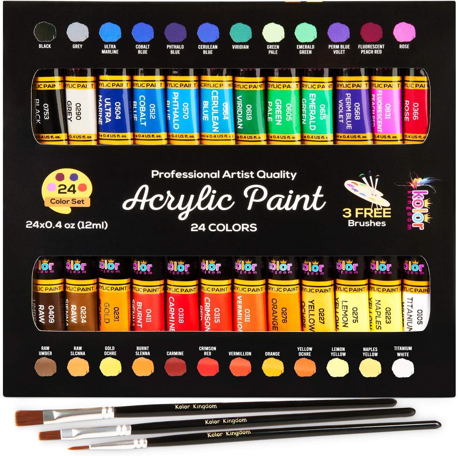 Juego de pintura acrílica, pinturas artísticas en lienzo, 24 colores, acabado de pintura perfecto (0,41 oz, 12 ml) con 3 pinceles: lienzo para pintar, papel, madera, roca, MDF, cerámica y tela